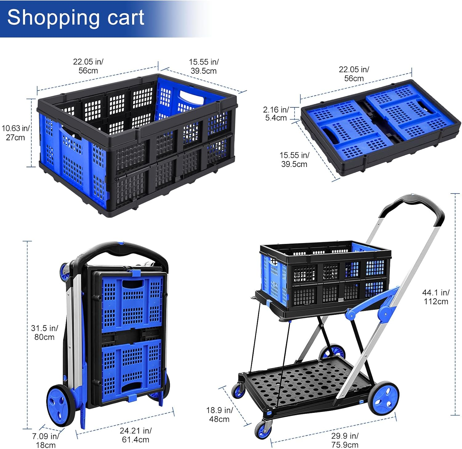 OSWIN Folding Trolley with Wheels, Double Layer Portable Trolley Shopping Carts, Folding Shopping Cart with Storage Crate, Office Folding Cart, Multi Use Functional Collapsible Carts for Supermarket