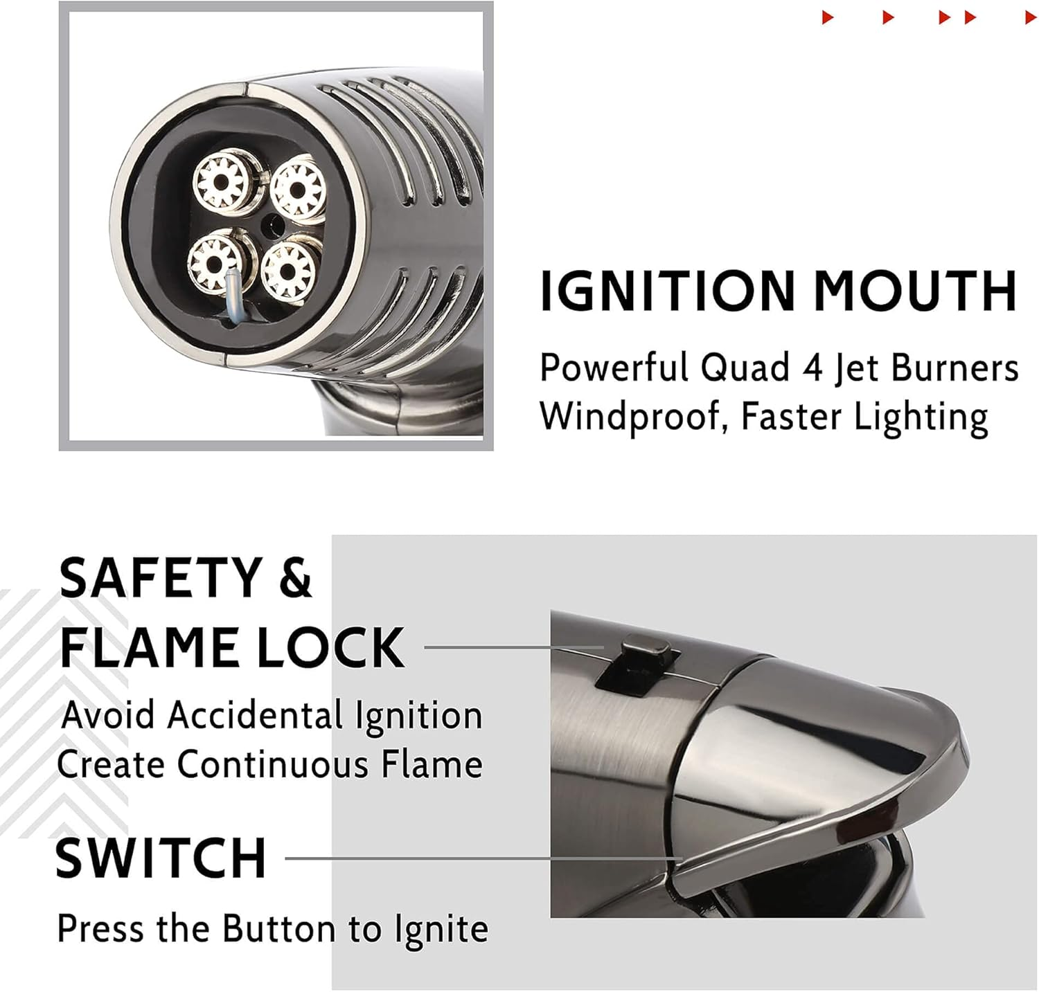 BRISPON Torch Lighter, Quad 4 Jet Flame Windproof Butane Refillable Lighter with Safety Lock for Kitchen Grill BBQ Candle Camping (Butane NOT Included) (Gunmetal) - Blue image number 5