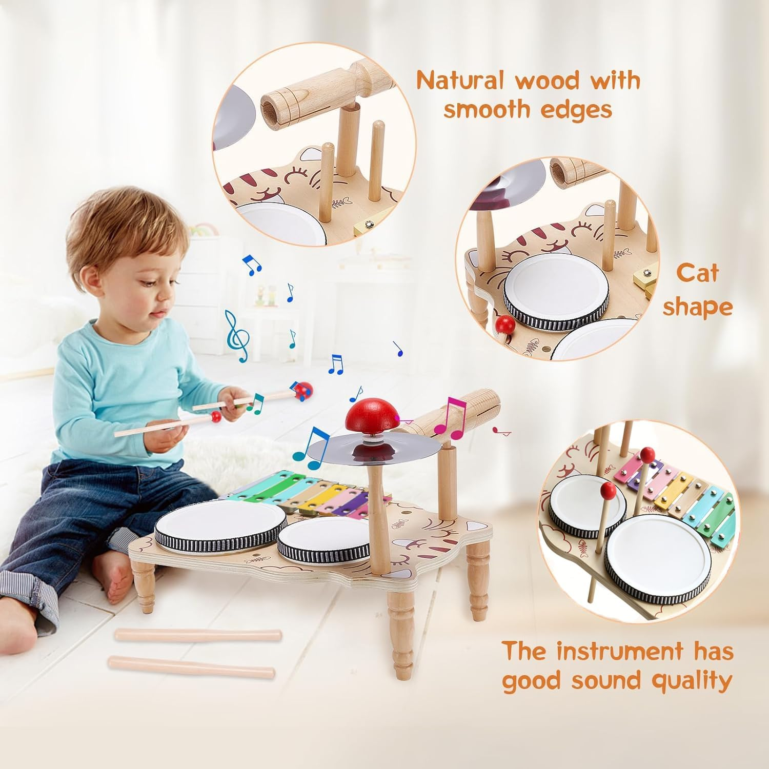 Wooden Drum Set for Toddlers, Baby Musical Instrument Set Kids Toys, Natural Wooden Montessori Toys Xylophone Music Kit Baby Sensory Toys Months Birthday Gifts for Girls Boys-Upgraded image number 1