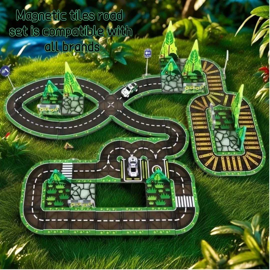Magnetic Road Tiles Set with Railway and Forests, 76 PCS Magnetic Tiles Road, Magnet Building Blocks Kids Car Toys, Perfect Gifts for Ages 3+ image number 6