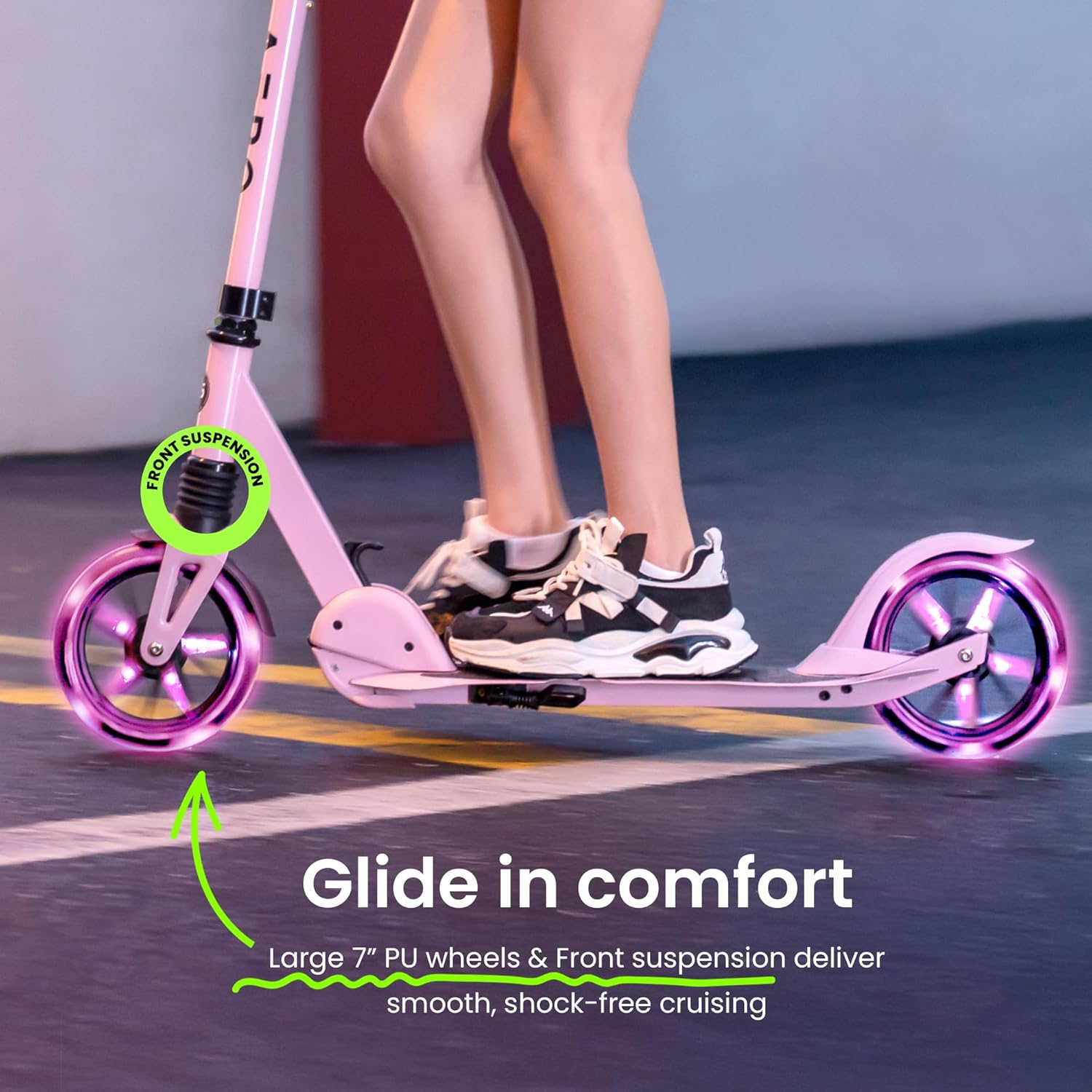 Aero Big Wheels Kick Scooter for Kids 6+, Teens & Adults | Light up Wheels, Hand Brake, Rubber Deck Mat & Shock Absorption | Foldable & Height Adjustable image number 2