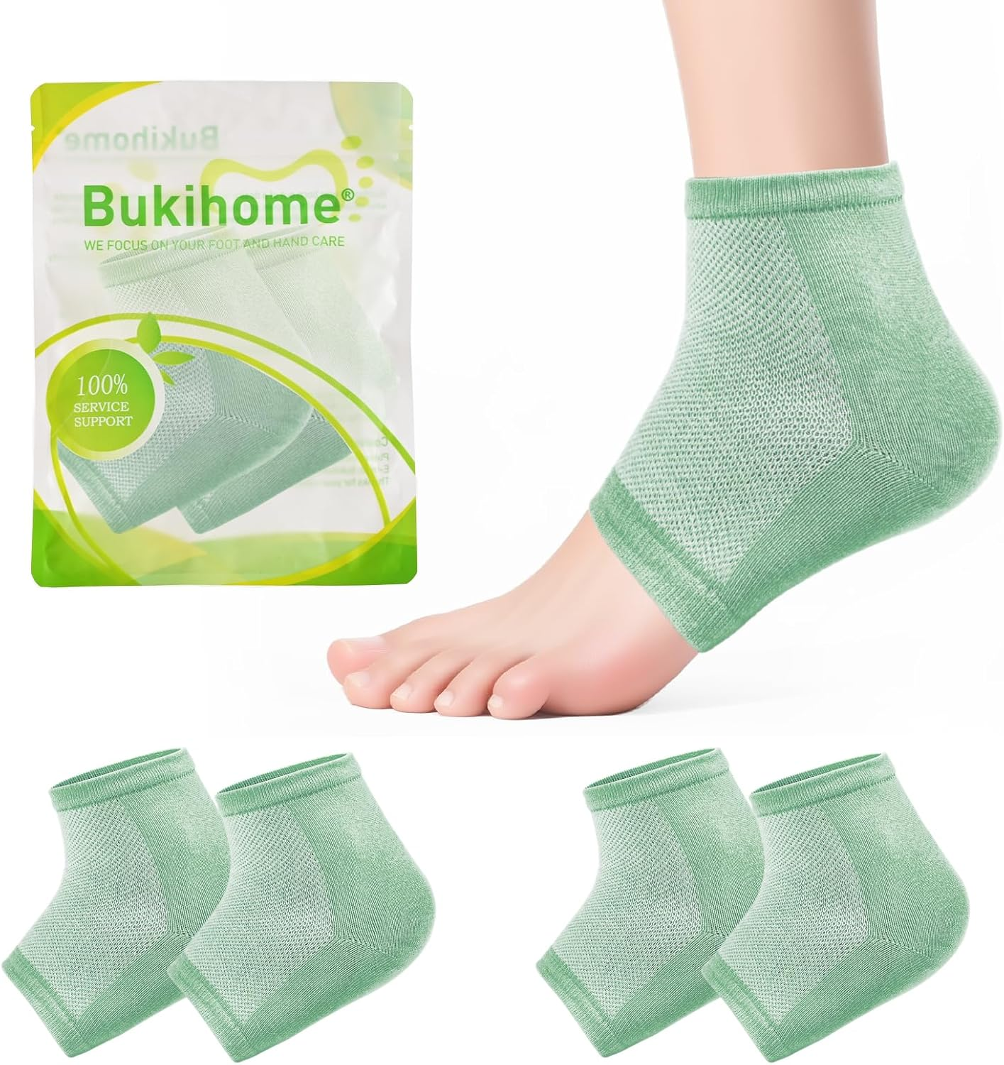 Moisturizing Socks for Cracked Heel Treatment - Bukihome 2 Pairs Moisturizer Socks for Dry Cracked Feet - Toeless Gel Socks for Women & Men，Hydration and Repair (Green) image number 3