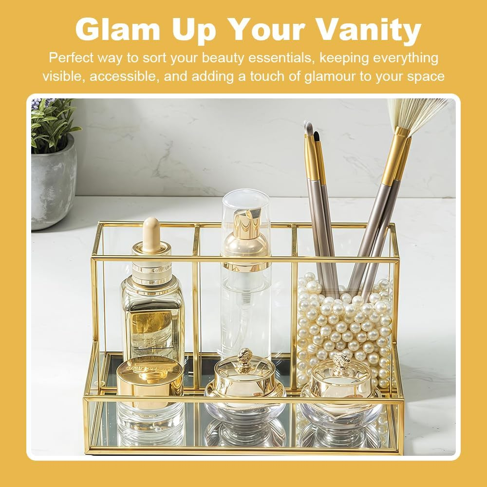 Makeup Organizer, Gold Glass Cosmetic Box, Makeup Brush Organizer Holder, Beauty Organizer Holder, Large Capacity Cosmetic Display Case for Perfume, Jewellery, Brushes image number 1