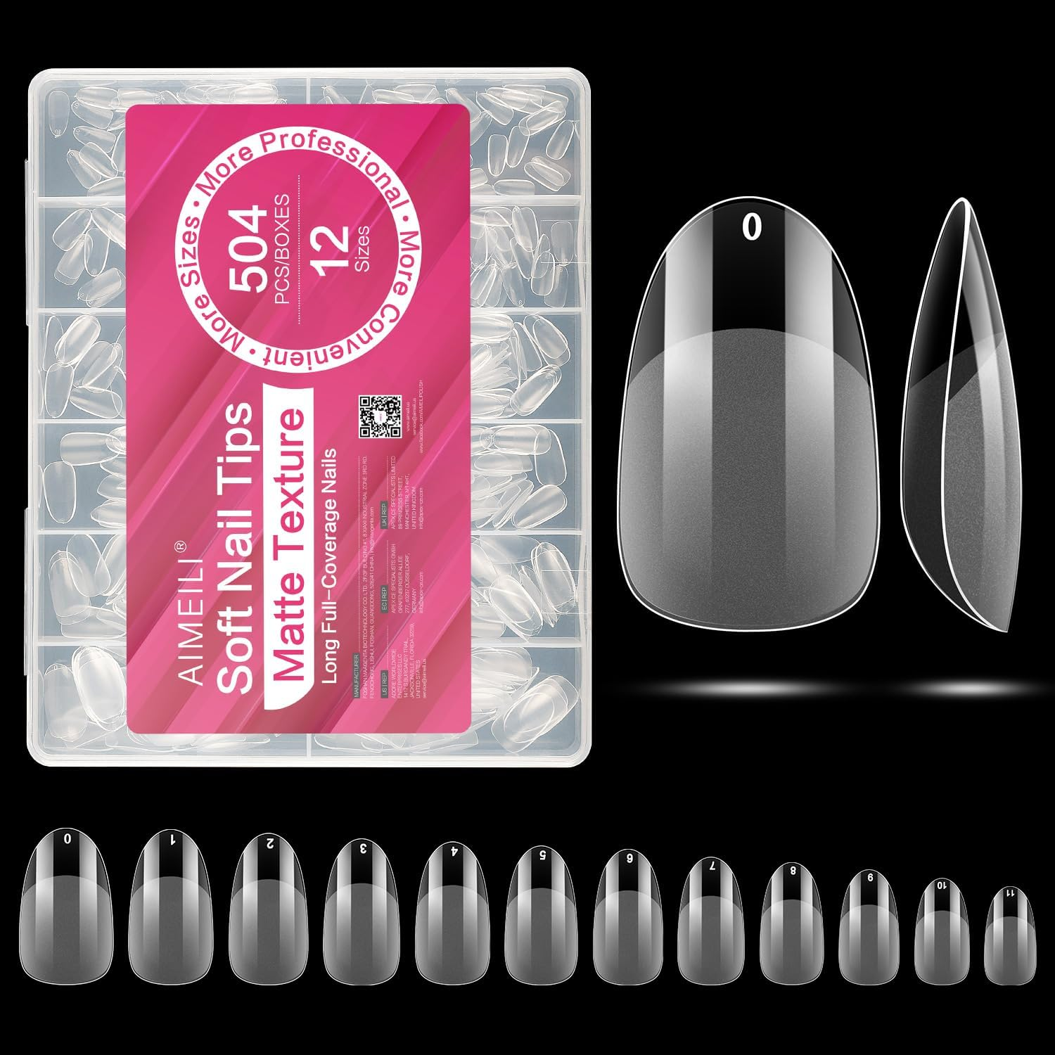 AIMEILI Short Almond Nail Tips, 504Pcs Half Cover Short Gel Nail Tips Clear Fake Nails for Nail Extension DIY Nail Salon, 12 Sizes