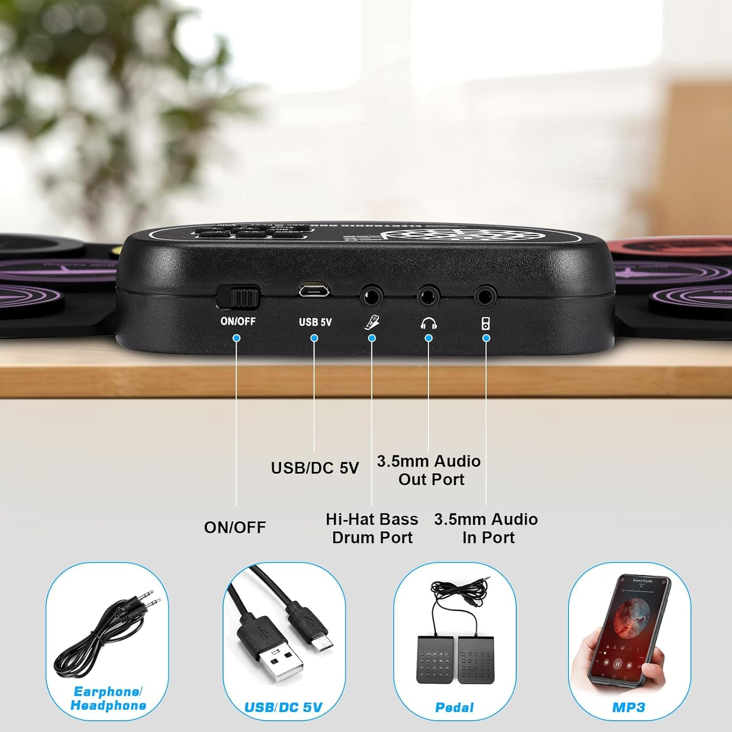 9 Pads Roll up Electronic Drum Kit, Kids Drum Set with Built-In Speakers,Sticks, Pedals, Bluetooth MIDI, Great Christmas & Birthday Gift for Beginners, 10 Hours Playtime