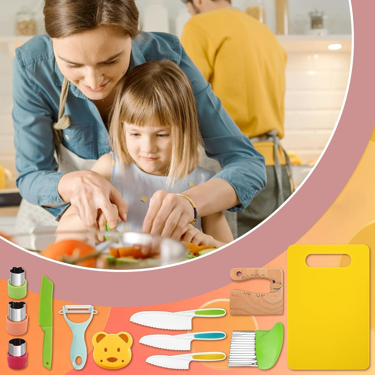 12 Pcs Kids Knife Set, Wooden Kids Kitchen Knives for Real Cooking, with Cutting Board, Serrated Edges Toddler Knife, Potato Slicer, Y Peeler, DIY Mold image number 3