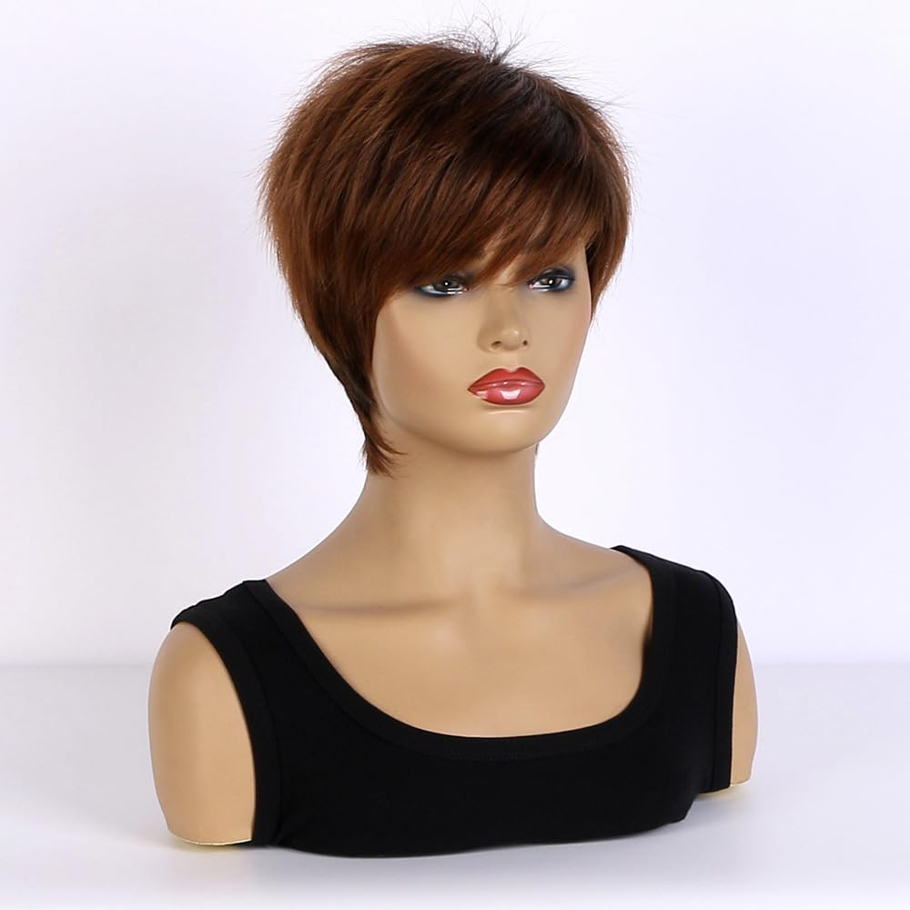 AUBWIG Short Pixie Cut Wigs Tiered Fluffy with Fringe Natural Straight Synthetic Short Hair Wigs Heat Resistant Full Wigs for Women (Brown) image number 4