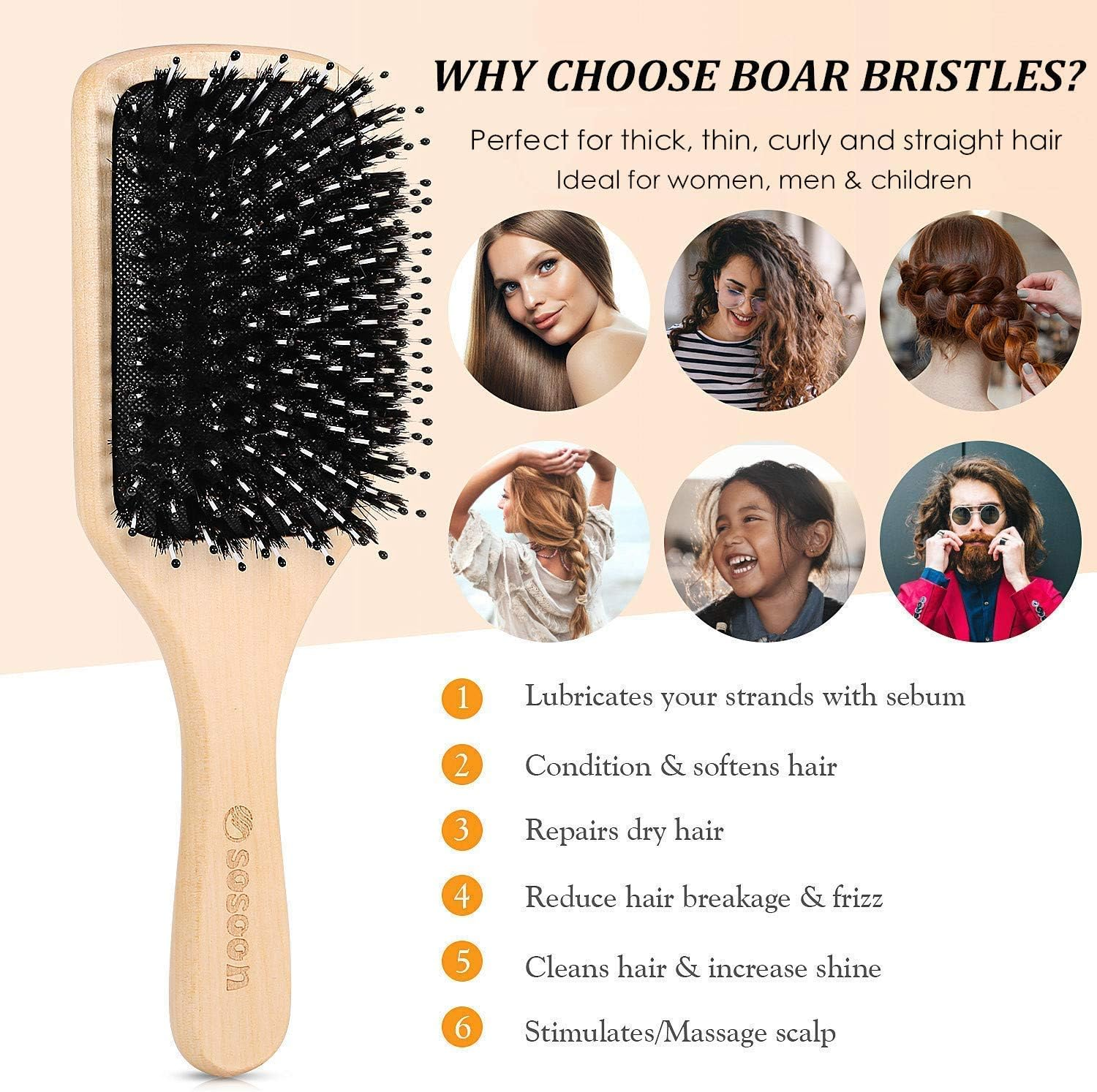 Hair Brush, 2 Pack Boar Bristle Paddle Hairbrush for Women Men Kids Reducing Frizzy, No More Tangle, Small Travel Brush Tail Comb & Giftbox Included image number 6