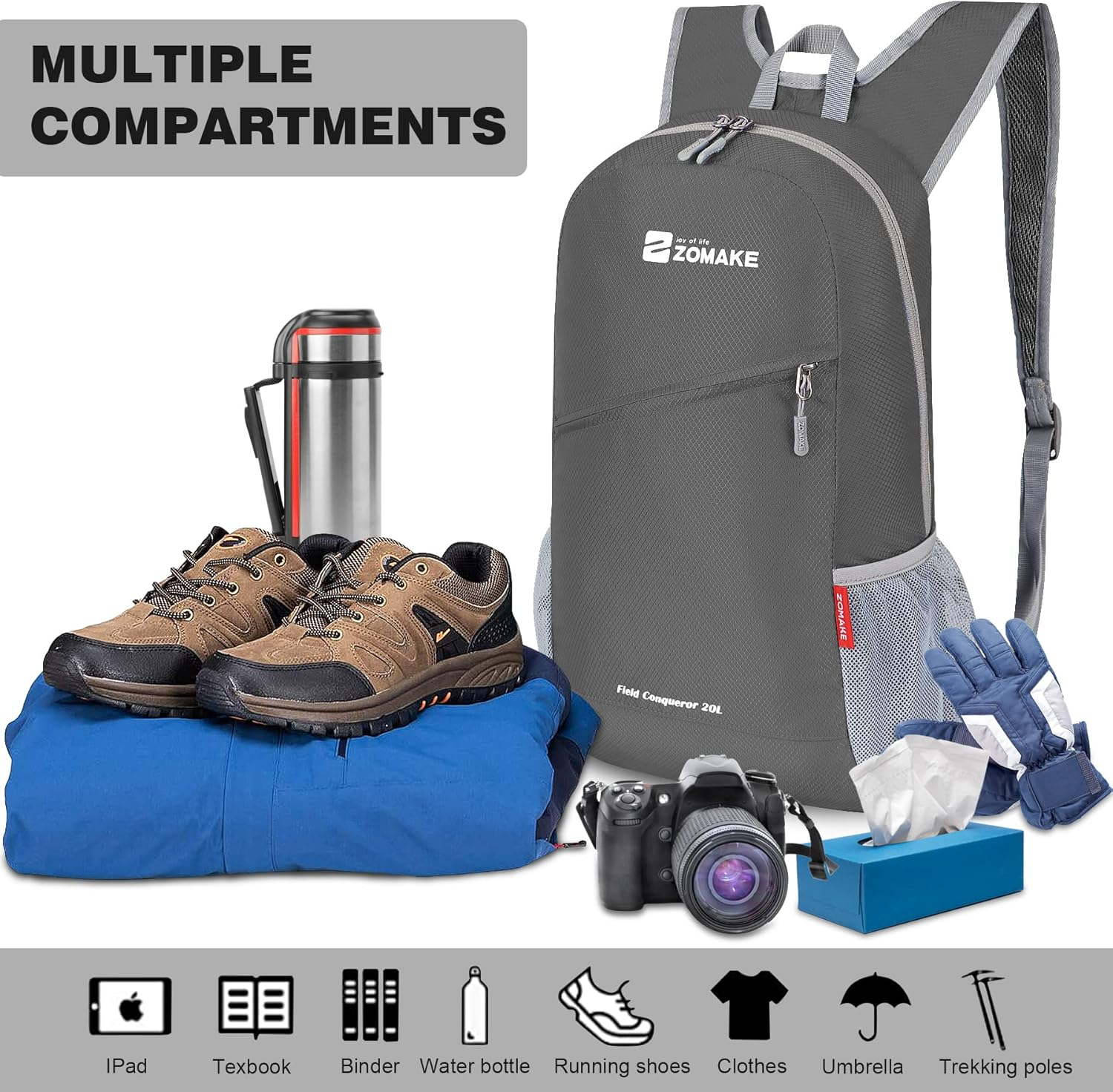 ZOMAKE Foldable Backpack 20L Lightweight Folding Pack, Water Resistant Small Travel Daypack for Hiking Camping Walking image number 5