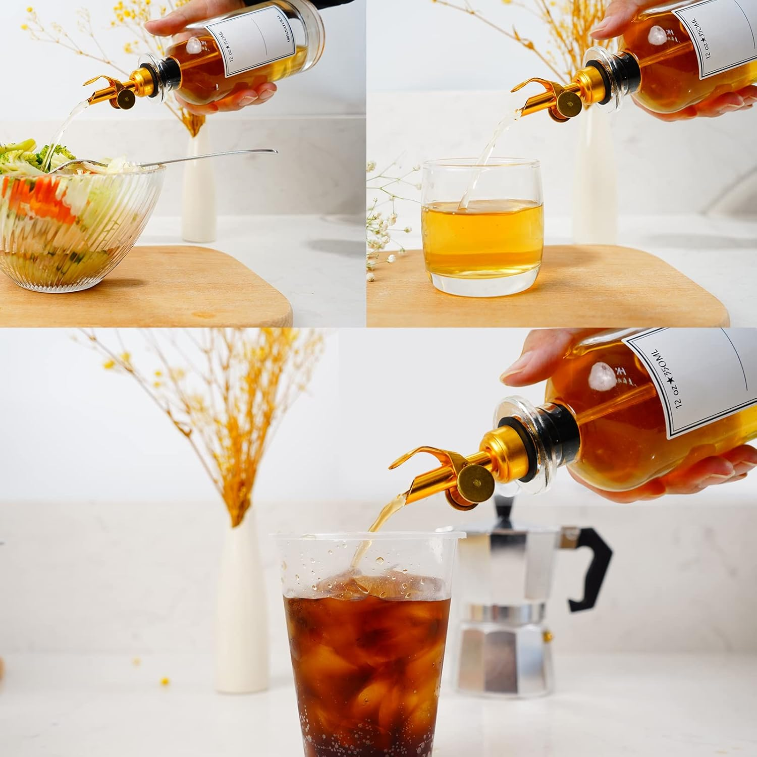 2 Pcs Olive Oil Dispenser Bottle Spout, Speed Liquor Pour Spout with Flip Top, Stainless Steel Auto Pour Spouts for Liquor Bottles, Oil Bottles, Vinegar, Syrup and Other Liquid Bottles Gold image number 3