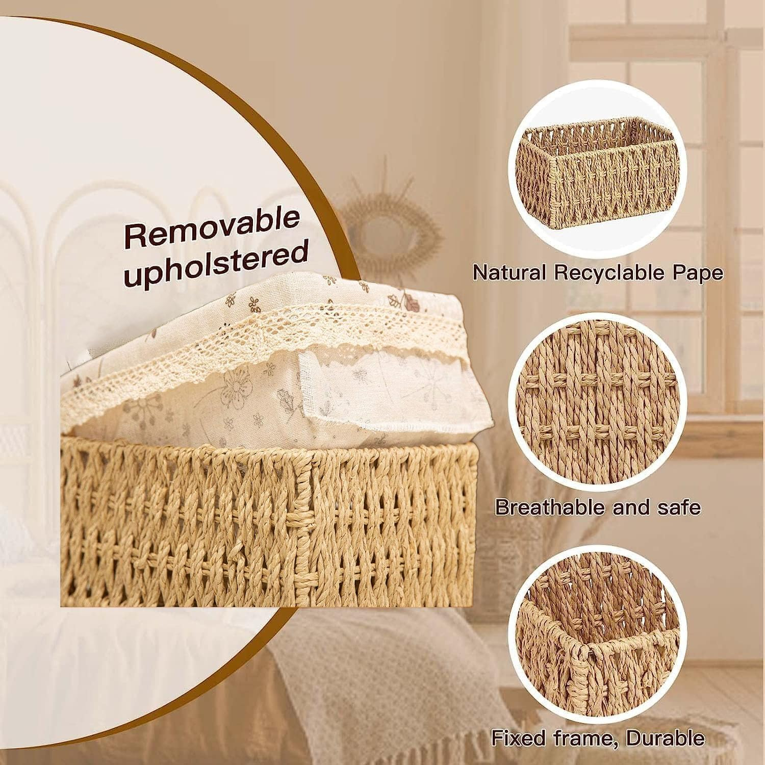 3Pcs Storage Baskets, Wicker Basket,Wicker Storage Basket,Storage Basket Set with Removable Liner for Organizing Shelf, Woven Baskets, Decorative Baskets, Rectangular Baskets - Round image number 3