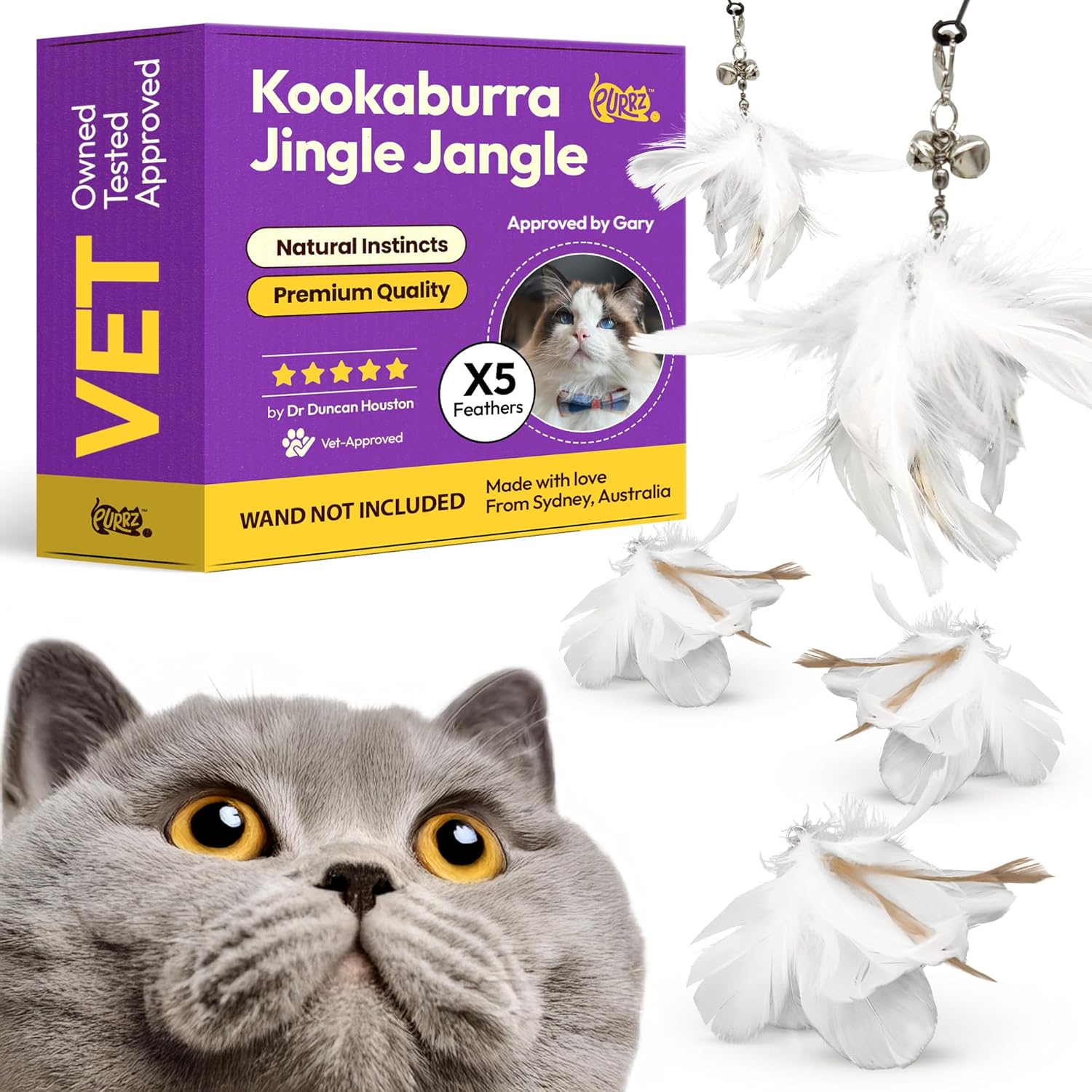 PURRZ Feather Toy Attachments for Cats, 5-Pack &ndash; Jingle Jangle Wand Refills with Kookaburra-Coloured Feathers and Bells for Interactive Cat Play &ndash; Safe and Durable Indoor Cat Toys image number 2