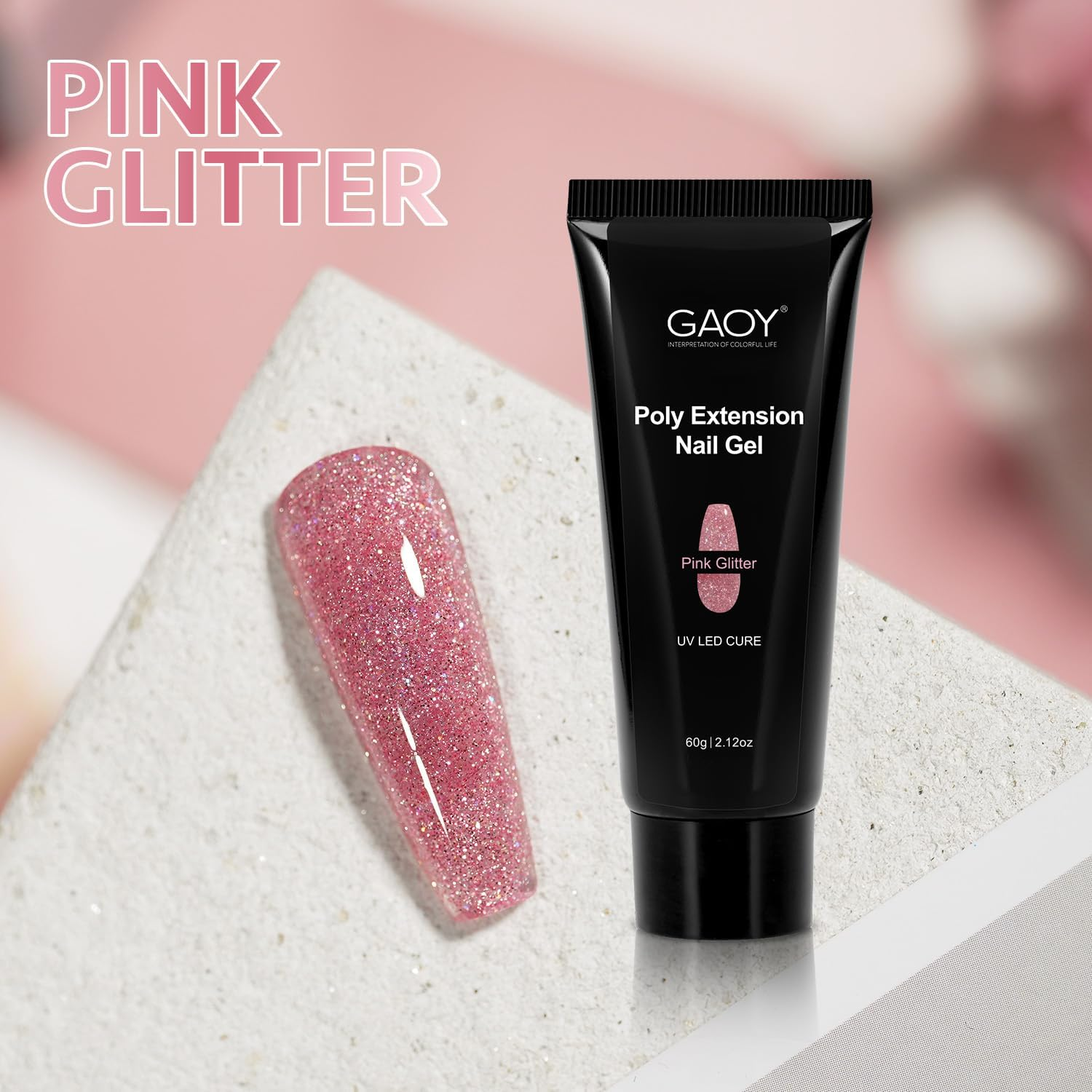 GAOY Poly Gel, 60G Nail Extension Gel, Pink Glitter Builder Gel Nail Enhancement Gel for Beginner & Professional Nail Art Salon DIY at Home image number 2