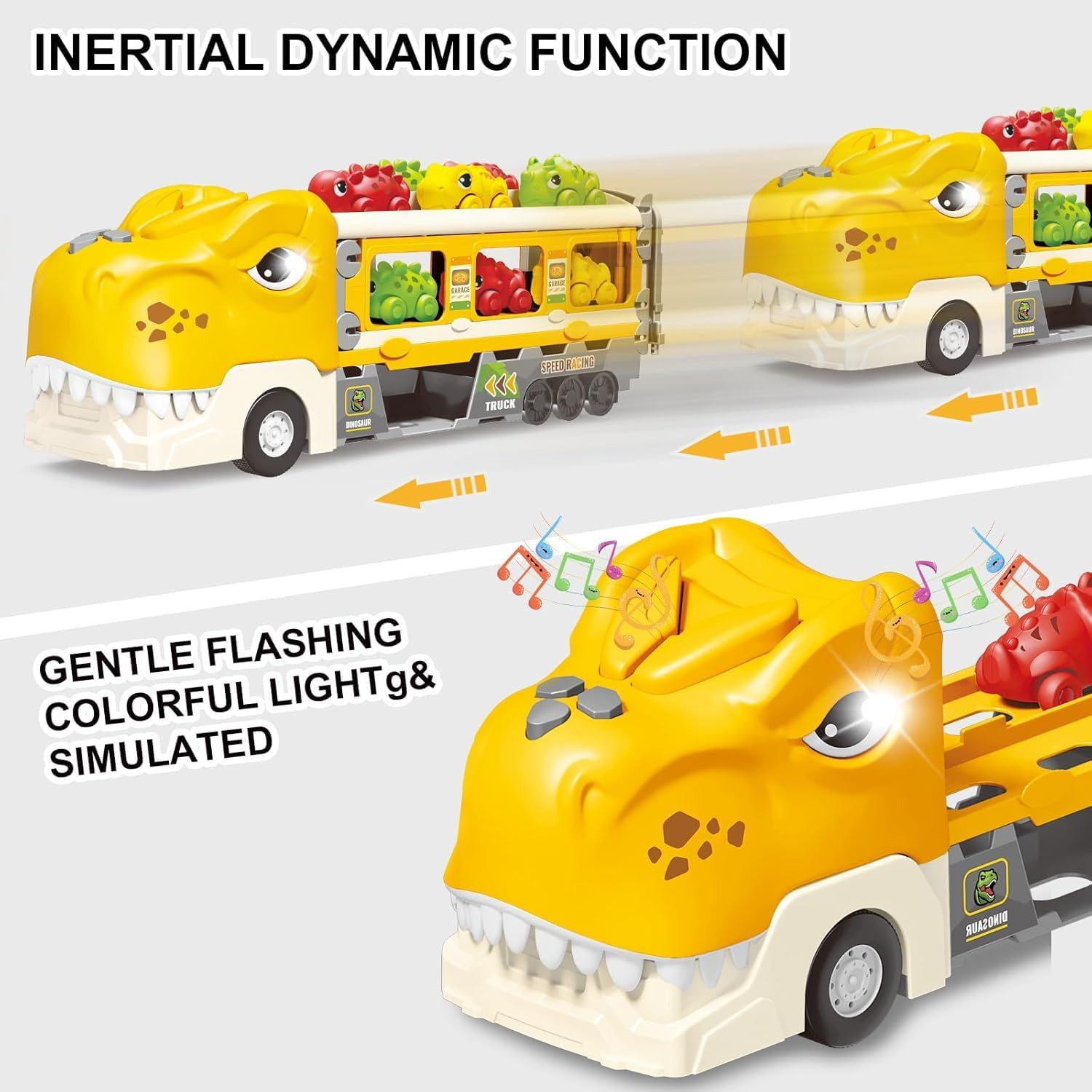 Dinosaur Truck Toys for Kids 3-5 Years,With 6 Dinosaur Car Vehicle (Random),1 Toy Tyrannosaurus Dinosaur Transport Carrier Truck,Race Track Playset with Lights Sounds,Kids Gifts image number 3