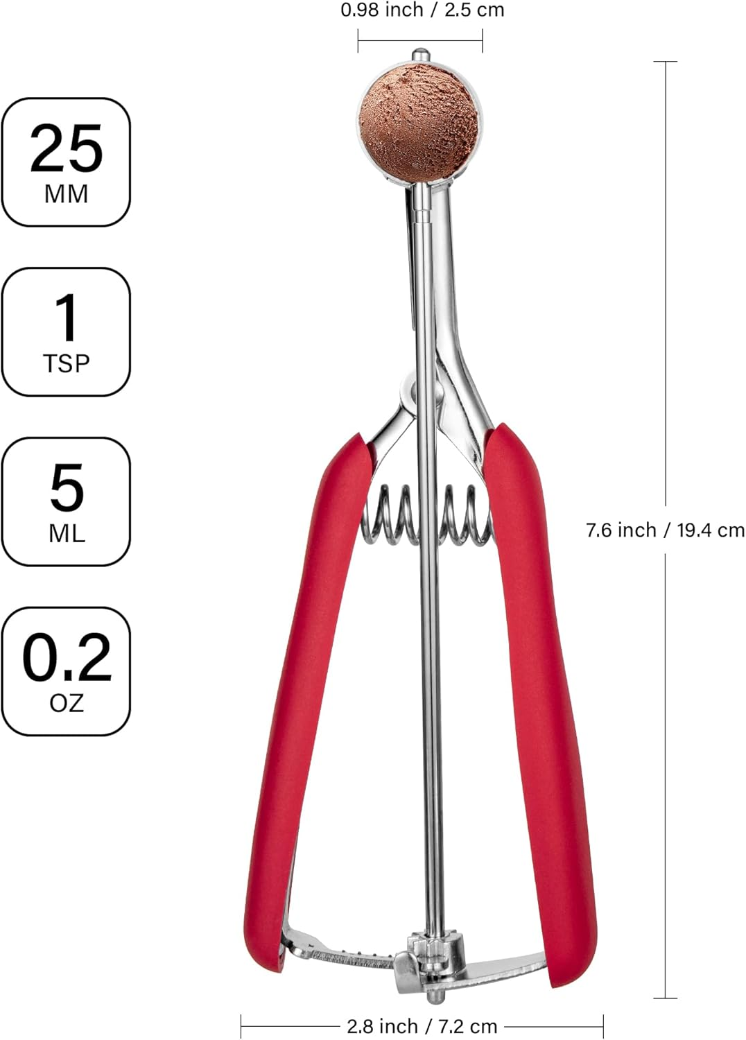 TJ POP Extra Small Cookie Scoop for Baking, 1 Teaspoon / 5 Ml / 1 Oz Mini Ice Cream Scoop 25MM, for Melon, Cookie Dough, Biscuit, Perfect Portion Sizes, Easy Squeeze & Release, Red image number 1