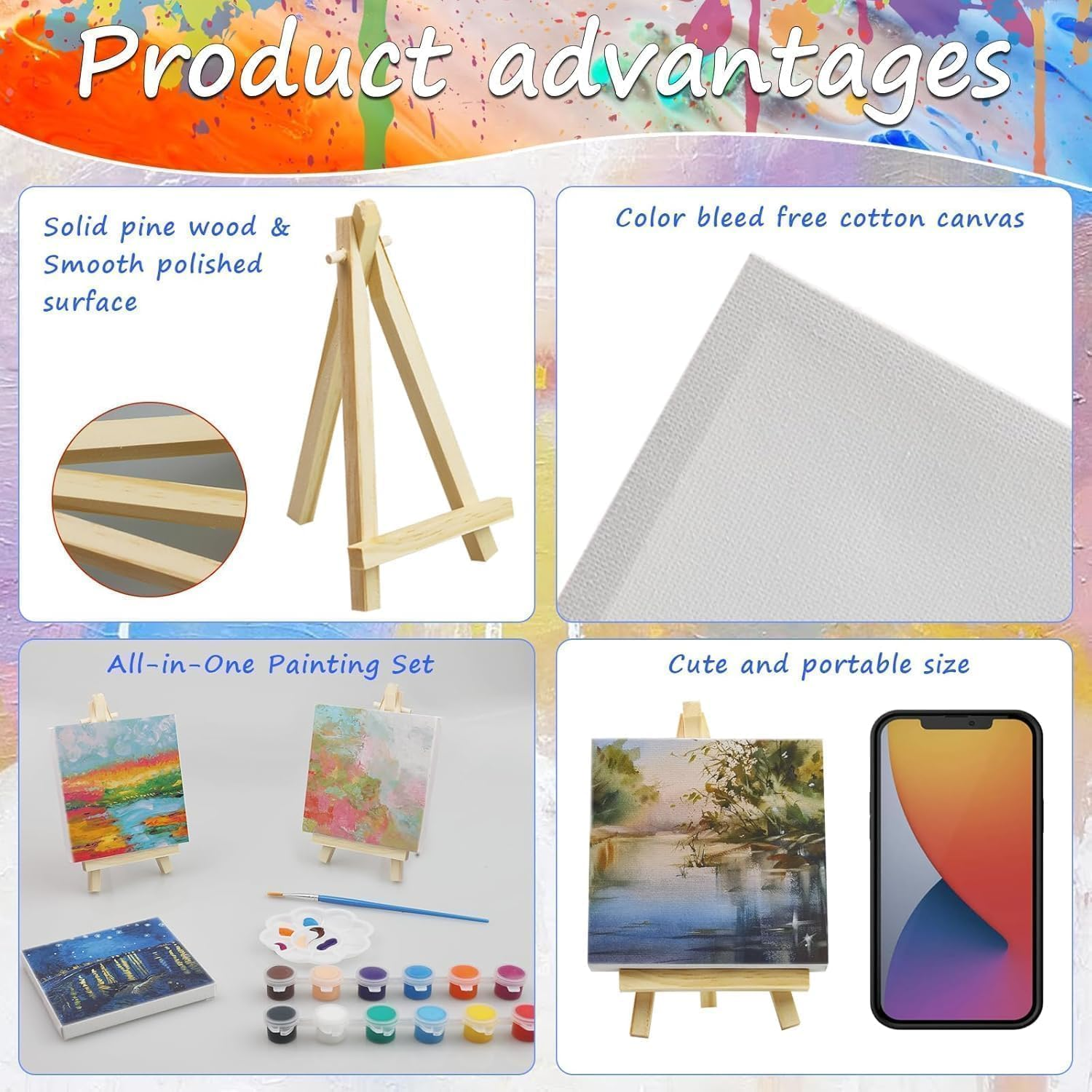 6Pcs Mini Canvas and Easel Set,4X4 Inch Mini Canvases for Painting, 6 Small Canvas with 6 Easels Art Painting Supplies for Acrylic Pouring Oil Watercolor image number 1