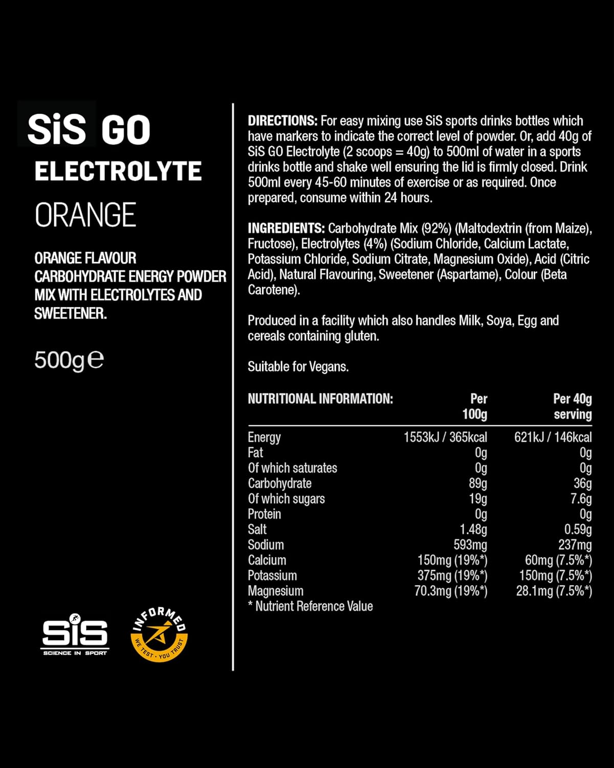 SIS GO Electrolyte Powder Sports Drink - Vegan Carbohydrate Mix Supports Hydration & Energy for Workout - Orange Flavour, 500Gm, 12 Servings image number 3