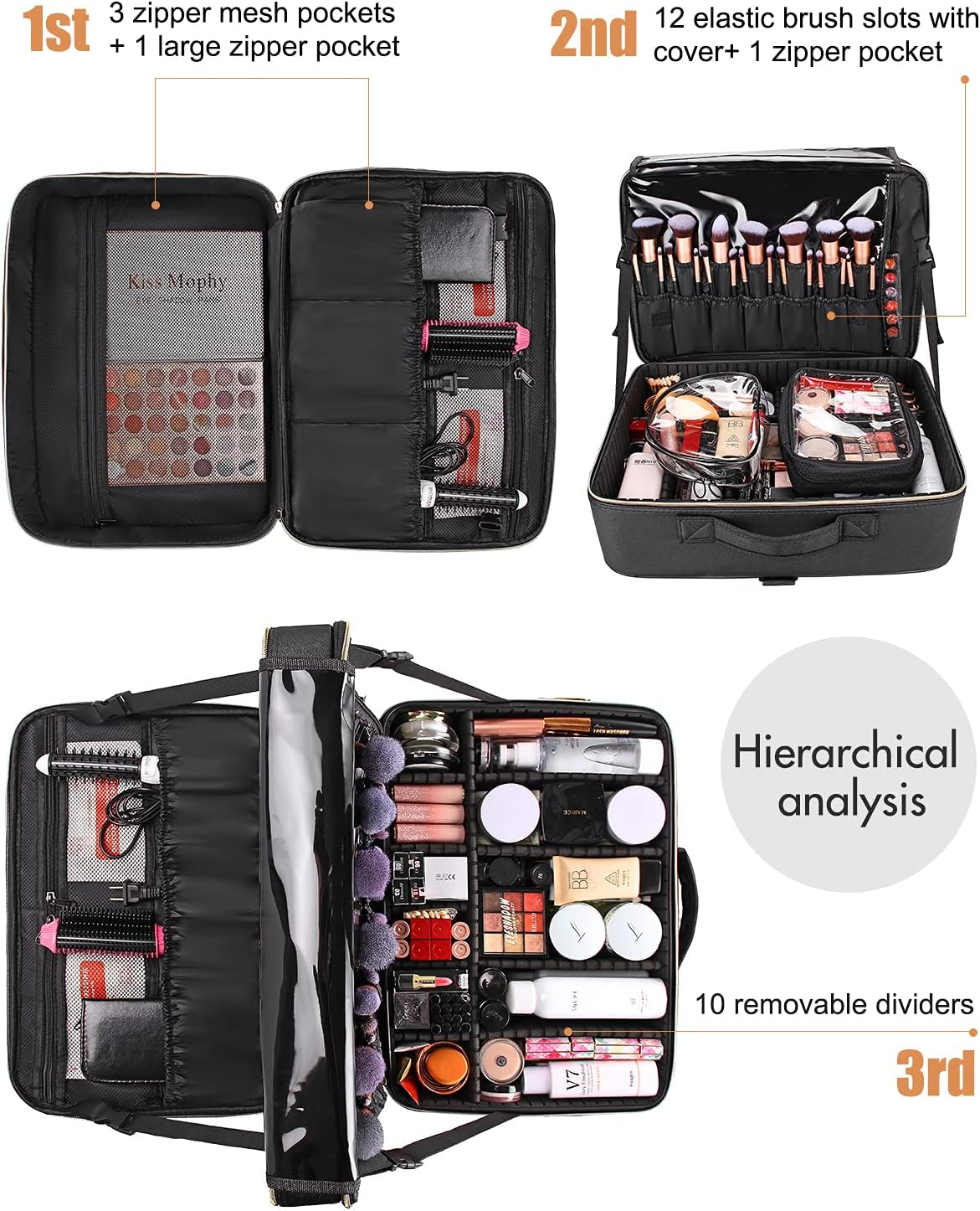 Relavel Extra Large Makeup Case - 17 Inches, PU Leather Makeup Box Professional Train Case Travel Cosmetic Organiser Makeup Brush Holder Waterproof Make up Storage for Makeup Artist, Black, 17"-PU Leather image number 4