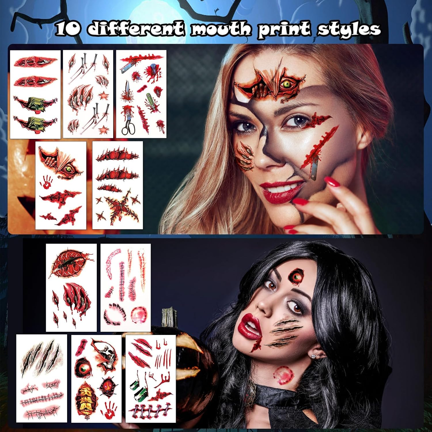 Halloween Temporary Tattoos Zombie Prank Make up Accessories, 20 Sheets Horror Big Mouth Face Tattoos Scars Wound Bloody Stickers Realistic Fake Tattoo for Adults Halloween Cosplay Face Body Art image number 1