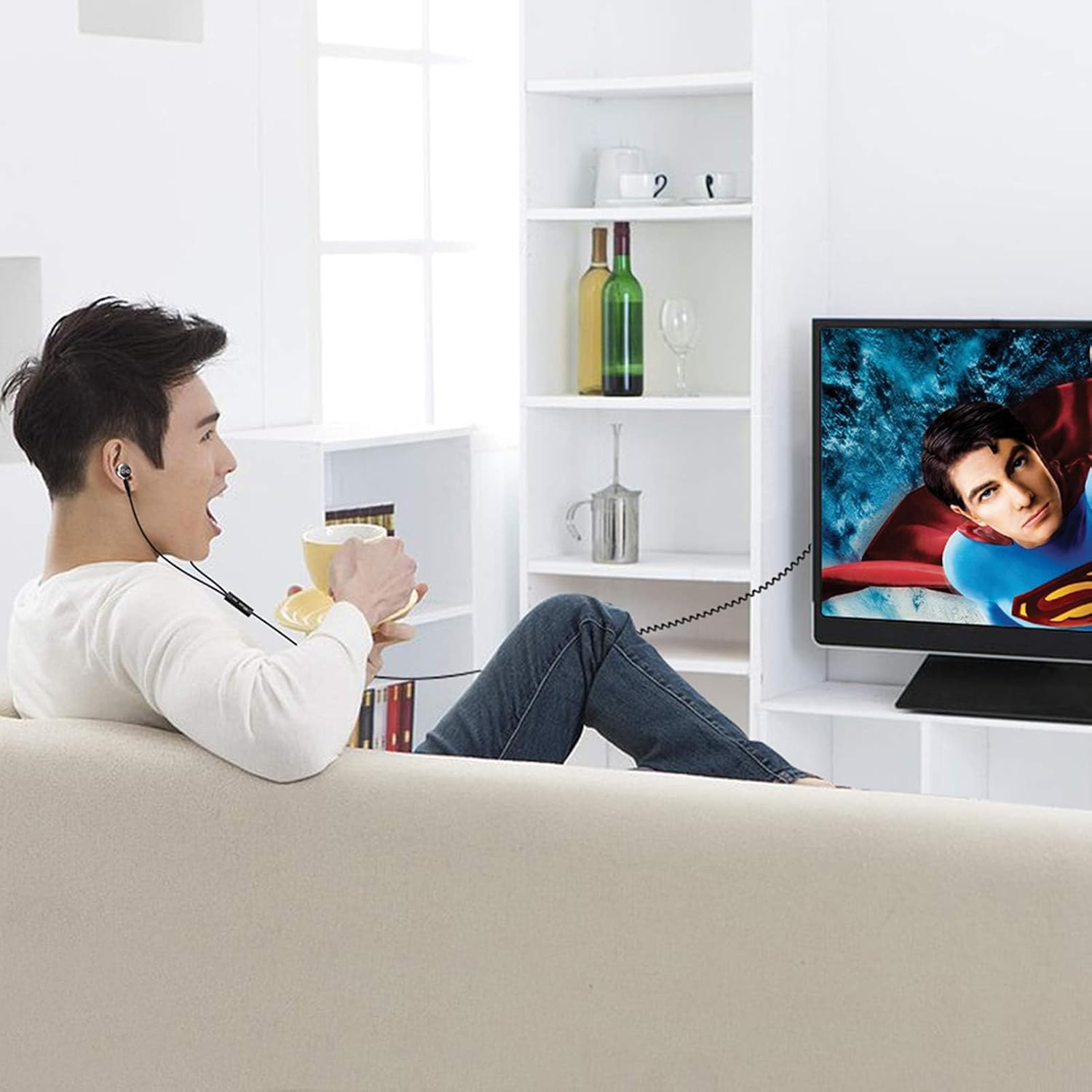 Extra Long Wired Headphone for TV with 12 FEET Spring Coiled Extension Cable, Earphones Earbuds for 3.5Mm Audio Output Devices, Metal Stereo Bass In-Ear Headset with Volume Control-Changeek CGS06 image number 1