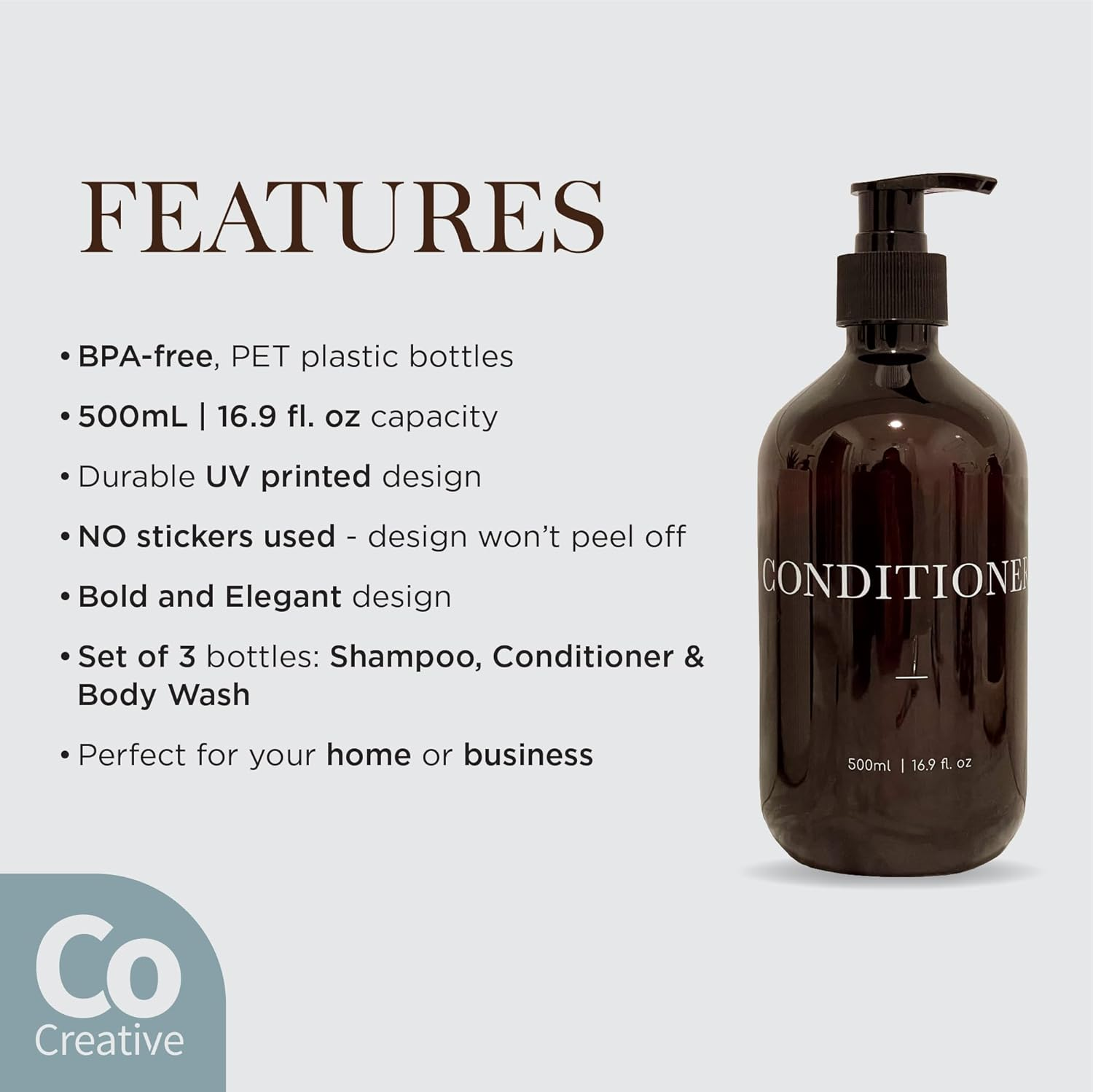 3 Piece AMBER 500Ml Bathroom Refillable Pump Bottles - Shampoo, Conditioner, Body Wash Refillable Bottles - UV Printed, Bpa-Free Brown Bottles with Black Pump - 500Ml | 16.9 Fl. Oz. image number 4
