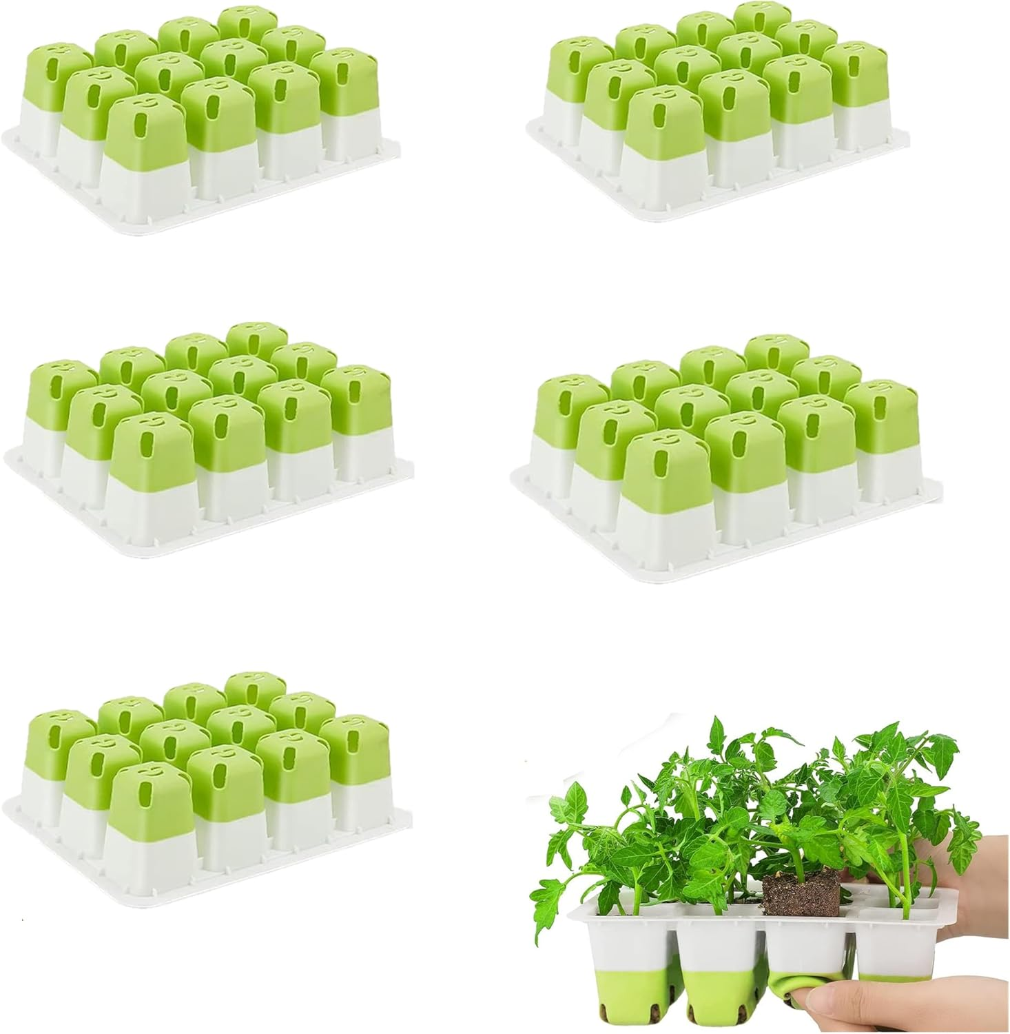 5Pcs Reusable Seed Starter Tray, Silicone Seeding Starter with Flexible Pop-Out Cells (60 Cells in Total), Plant Growing Trays for Seed Starter, Indoor Greenhouse Seeding Planting Growing(5Pcs,Green)