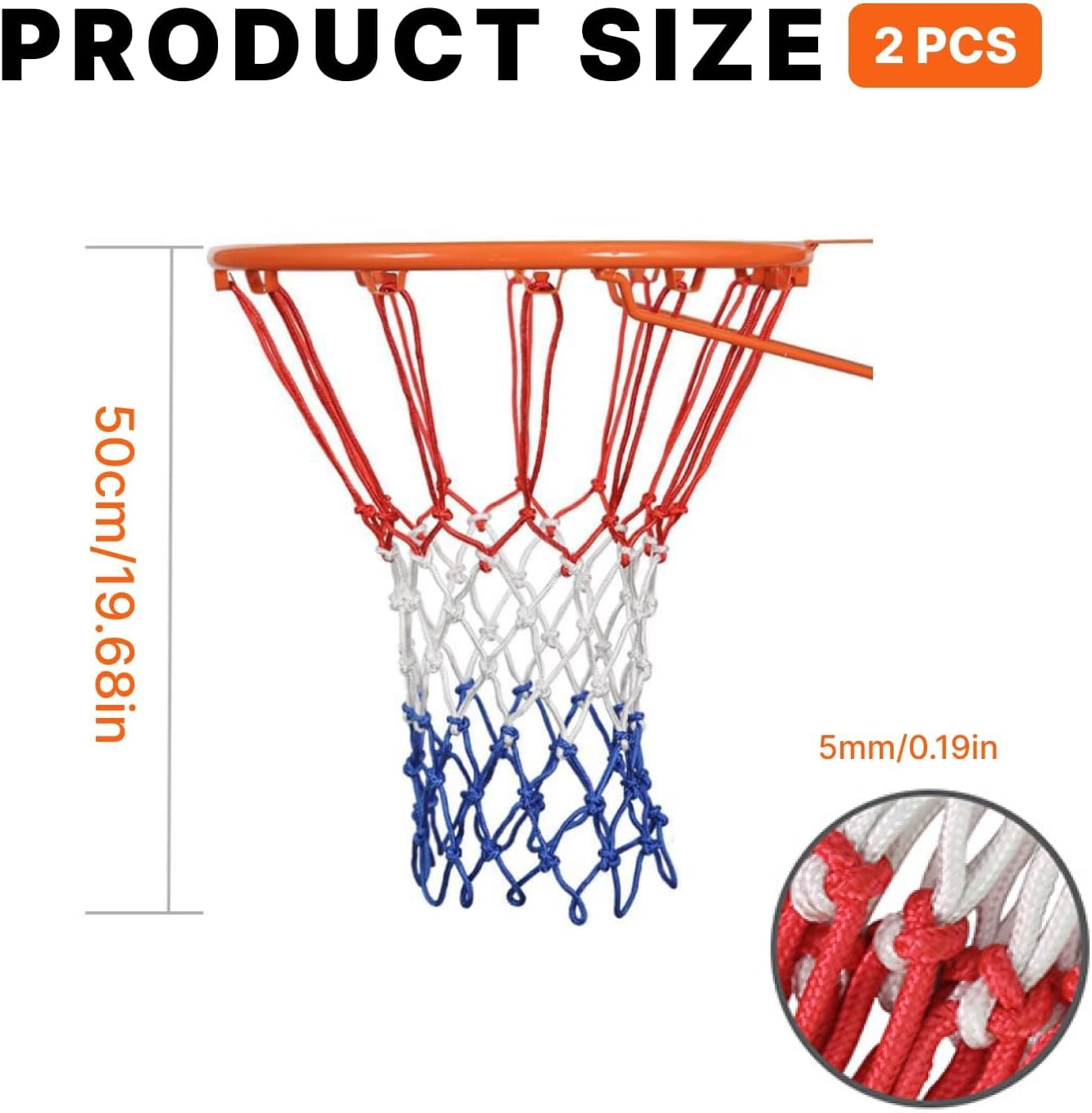 2 Pack Basketball Net Replacement, Professional Grade 12 Loop Indoor & Outdoor Nets, All-Weather Fade Resistant Design with Anti-Whip Technology (Red/White/Blue) image number 3