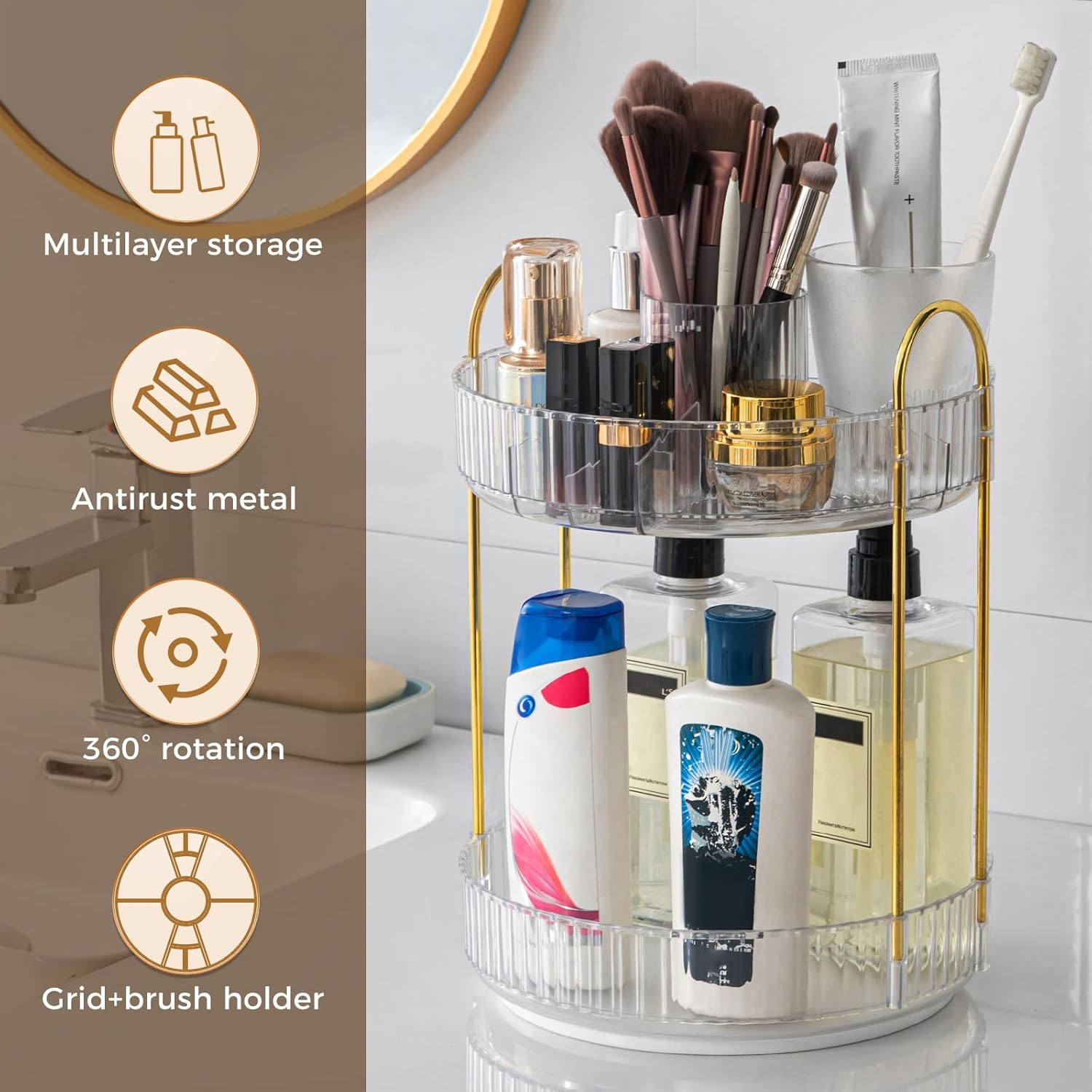 360&deg; Rotating Makeup Organizer, Upgraded 2 Tier Skincare Perfume Organizers for Women, Bathroom Organizer Countertop, Clear Cosmetic Dresser Organizer with Makeup Brush Holder, Sink&Counte (Clear) image number 4