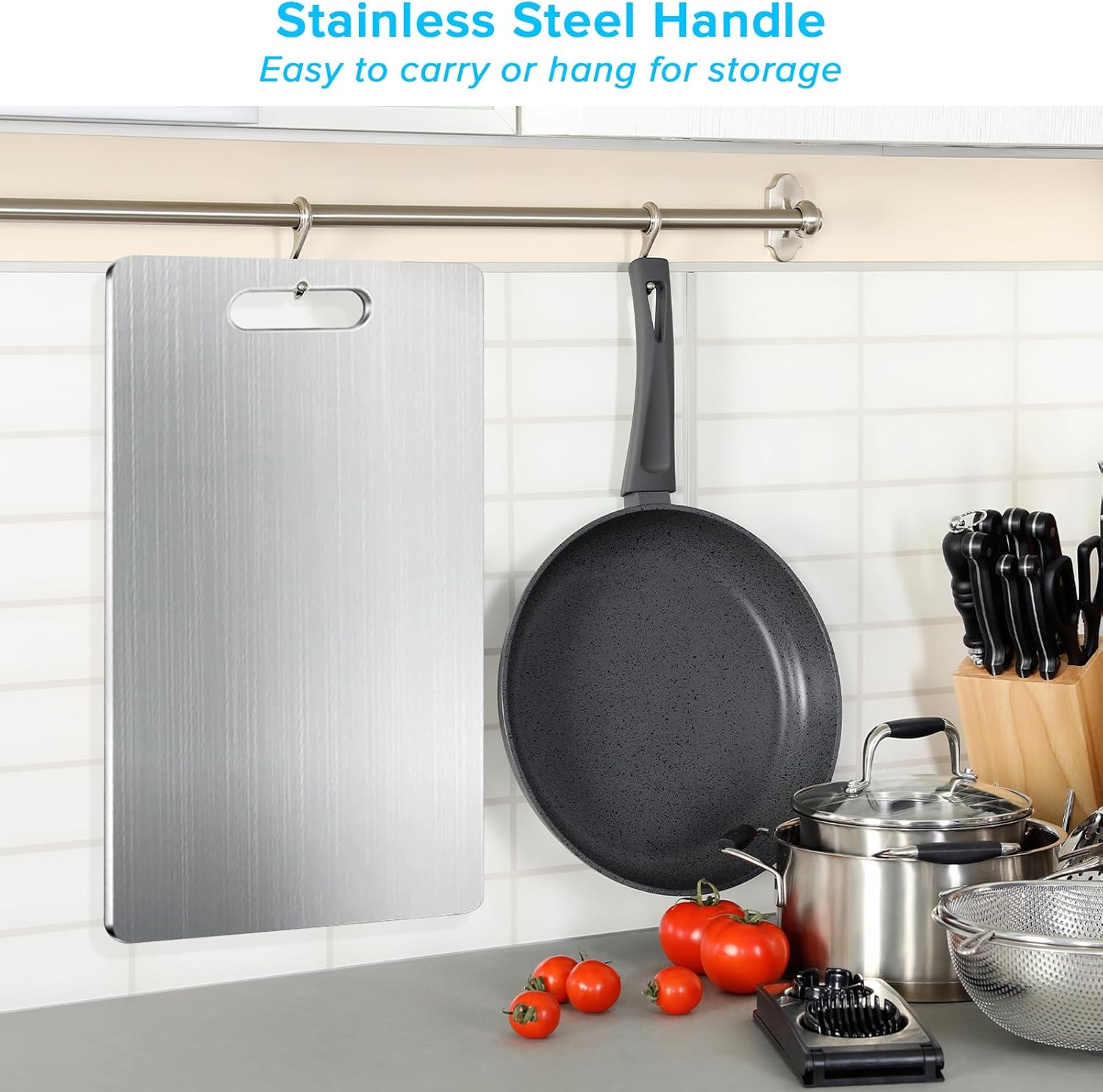 Yakiter Cutting Board, 304 Stainless Steel Chopping Board with Handles, Double-Sided Cutting Board for Kitchen & Meat Cheese Vegetable Fruit, Mold Free, Hygienic (34 * 23Cm) image number 1