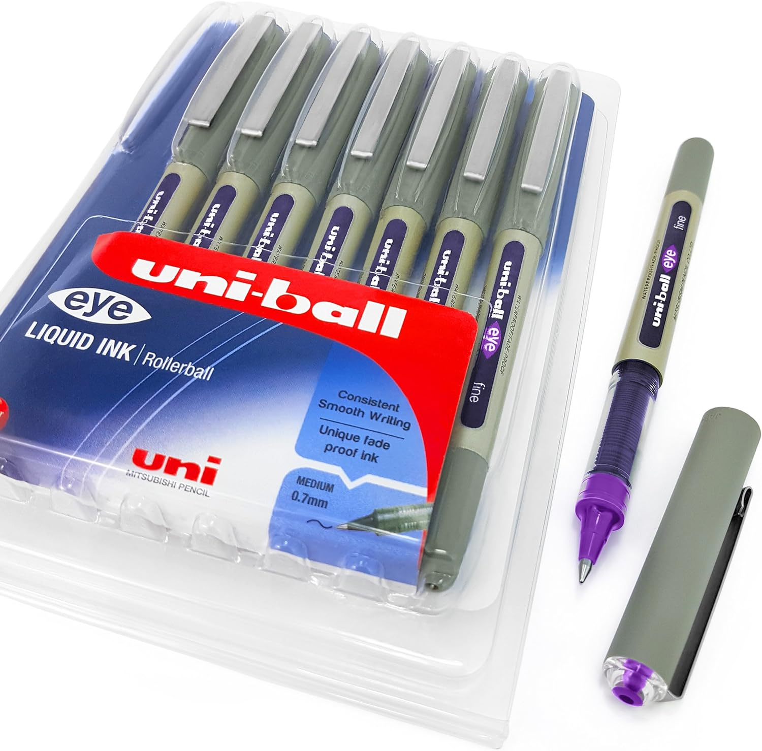 Uni-Ball - UB-157 Rollerball Pens - 0.7Mm Nib - Violet Purple Ink - Wallet of 8