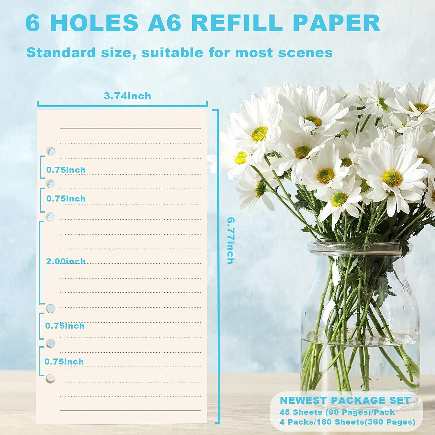 Kincown A6 Refill Paper, 6 Ring Loose Leaf Paper, 180 Sheets (360 Pages) Thick A6 Paper Lined Paper, 6 Hole A6 Ruled Paper Refills for Binder Planner Journal Notebook - Line image number 2