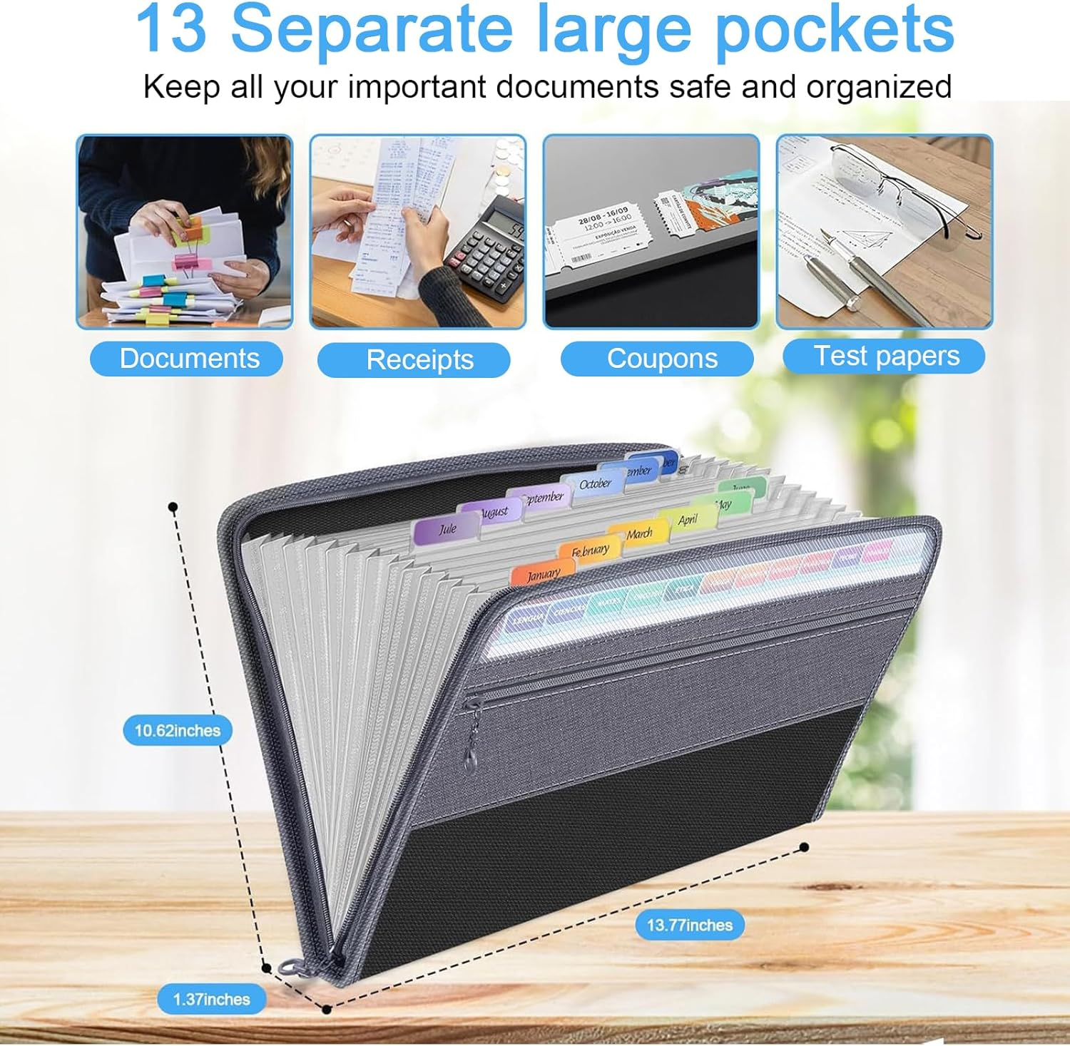 KIDUO Document Organizing Folders,File Folders with 13 Plastic Pockets,Expandable Document Organizer with Sticky Tabs,Portable Letter Size Accordion Document Holder for Invoices,Receipts (Black) image number 6