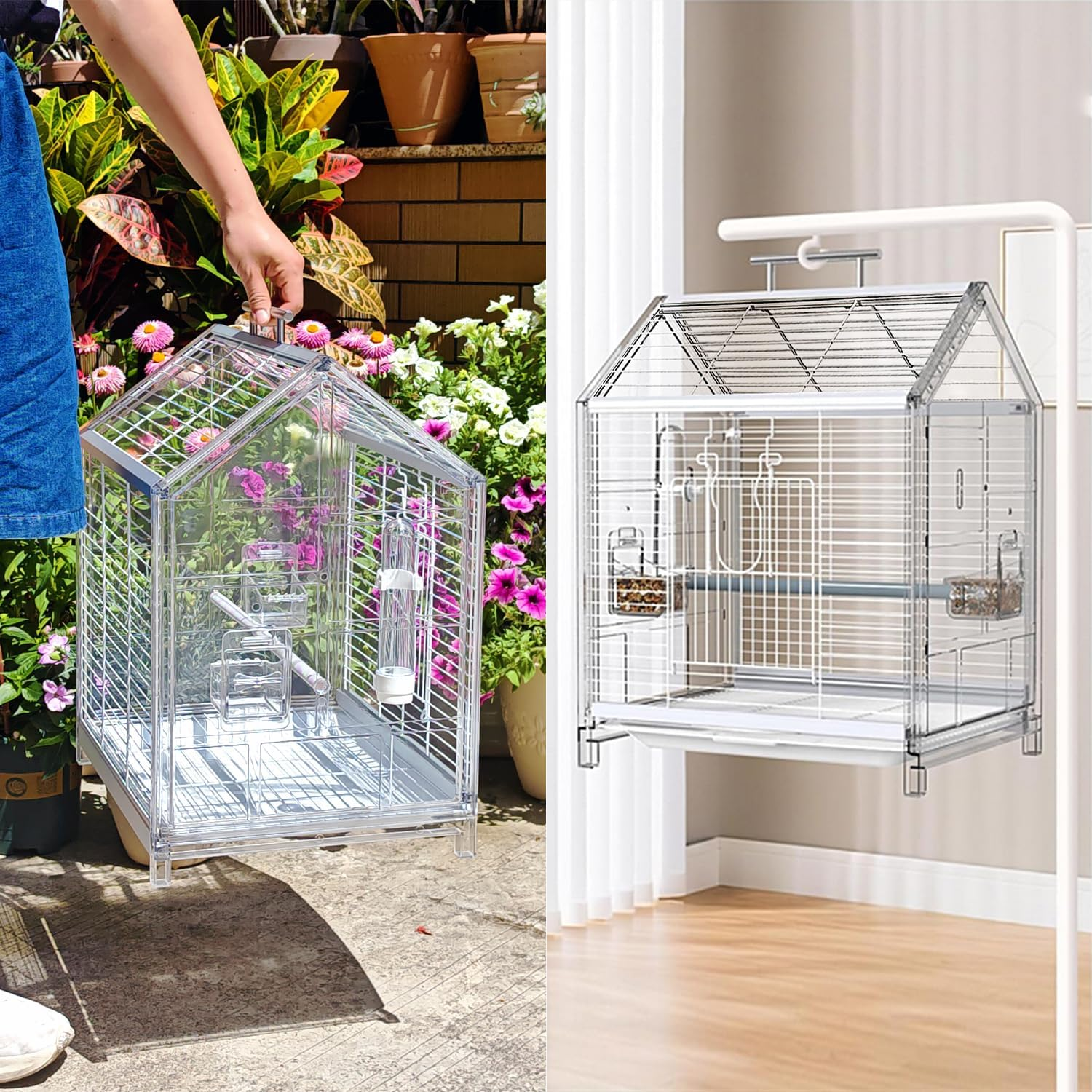 Birdcages 20.5 Inch Small Bird Cage, Parrot Cage, Portable Bird Carrier, Travel Carrier Cage for Home, Outing, Pet Clinic, Temporary Placement, for Small Medium Birds(White) image number 4