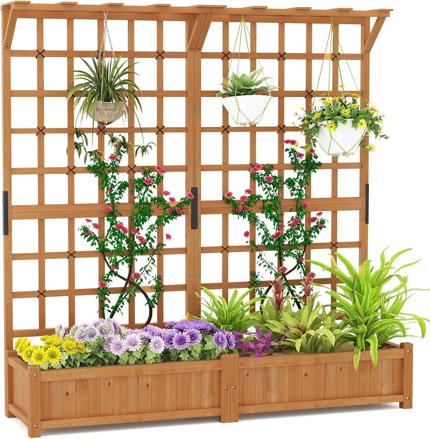 Costway 183 CM Tall Large Raised Garden Bed W/Lattice Trellis, Hanging Roof, Drainage Holes, Elevated Wooden Planter Box for Vine Climbing Plant Flower Herb Vegetable, Indoor Outdoor Patio Balcony