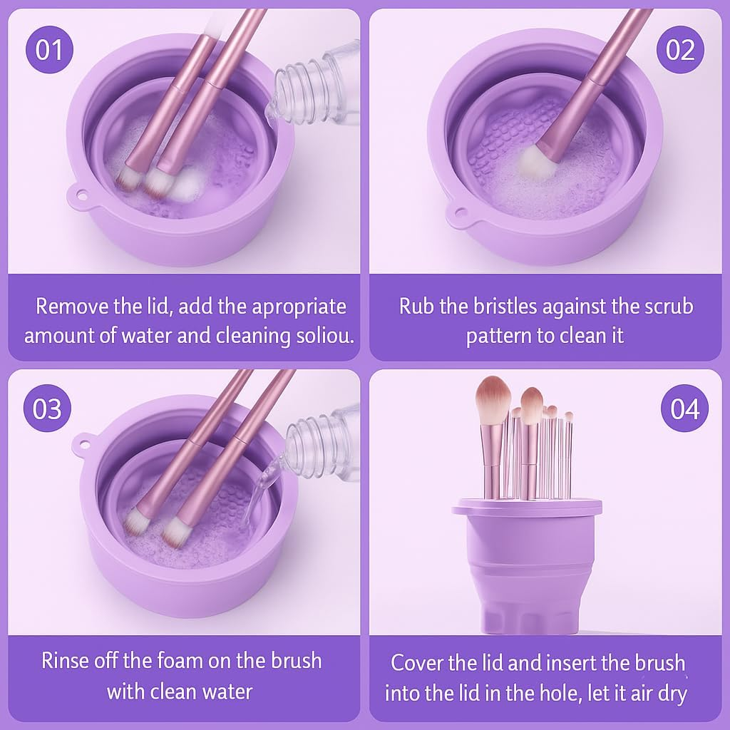 SYGELER Makeup Brush Cleaner Mat with Brush Storage Holder,3-In-1 Folding Makeup Brush Cleaning Pad - with Brush Drying Rack, Silicone Scrubbing Board+Powder Puff Cleaning Bowl image number 4