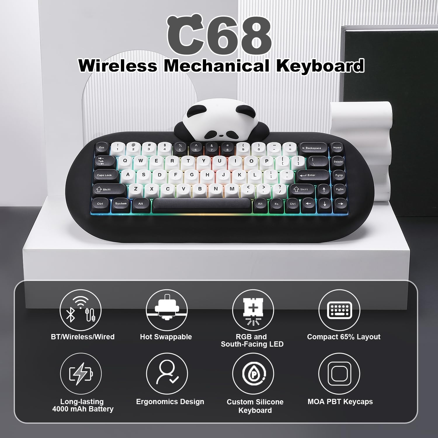 YUNZII C68 Panda Wireless Mechanical Gaming Keyboard, 68 Keys Cute Keyboard with PBT Keycaps, RGB Backlit, Hot Swappable Creamy Keyboard with Bt5.0/2.4G/Wired for Win/Mac(Panda Switch,Black) image number 5