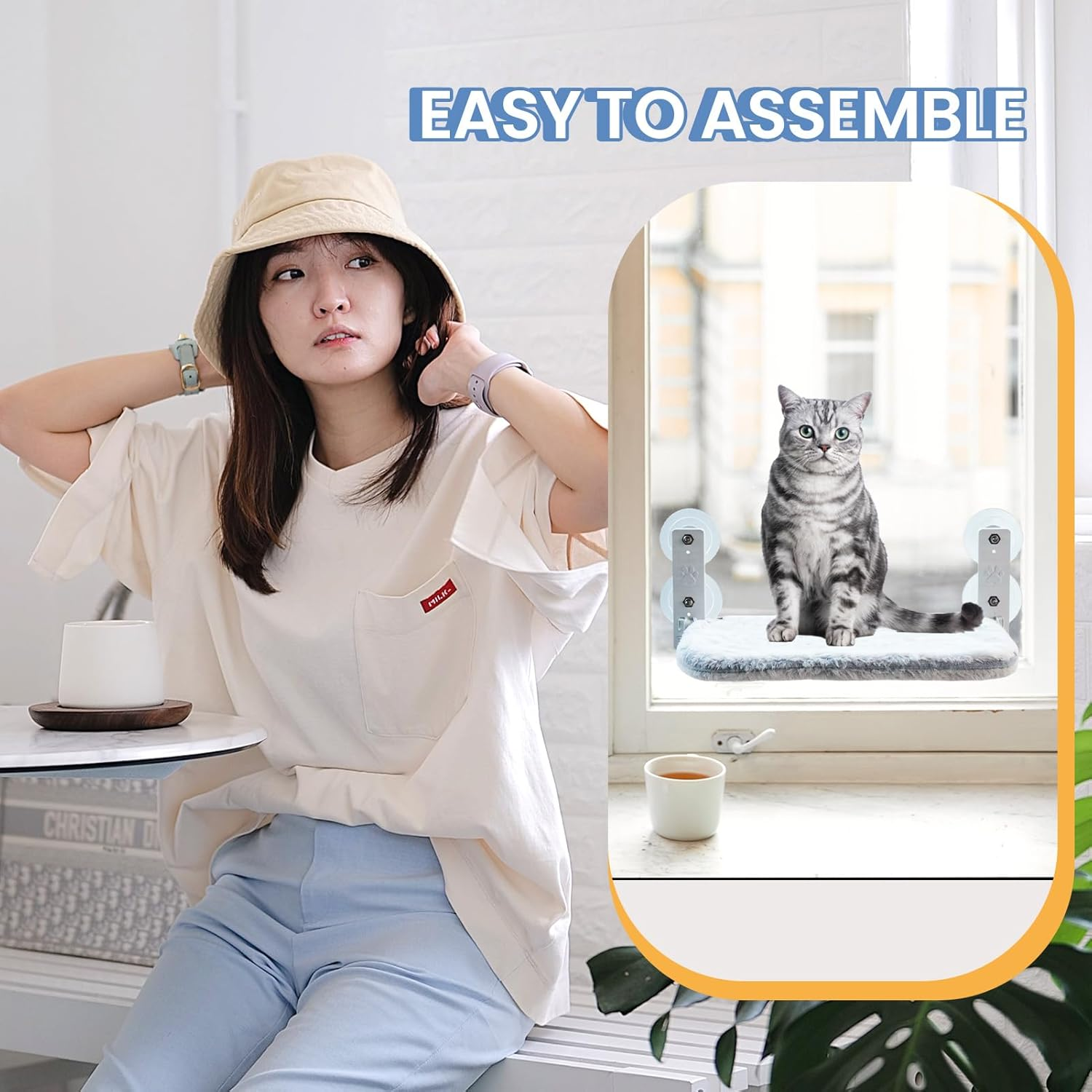 Window Perch Hammock Seat,Cat Cordless Window Bed Hammock, Holds up to 10Kg,Providing All-Around Sunbath, Space-Saving, Washable(50X30Cm)