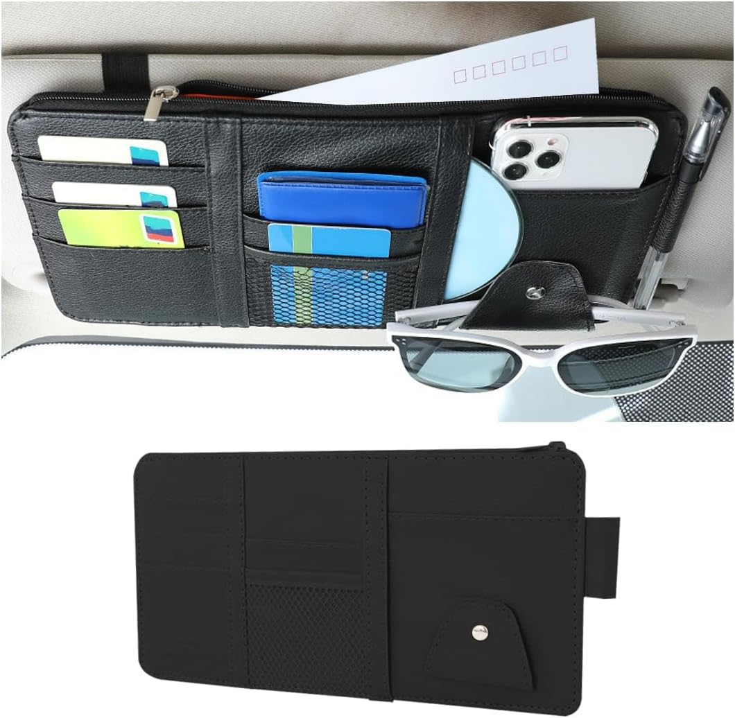 2 PCS Car Organizer Storage CD DVD Cards Sunglasses Decor Registration and Insurance Holder Case Sun Visor Accessories (Black)
