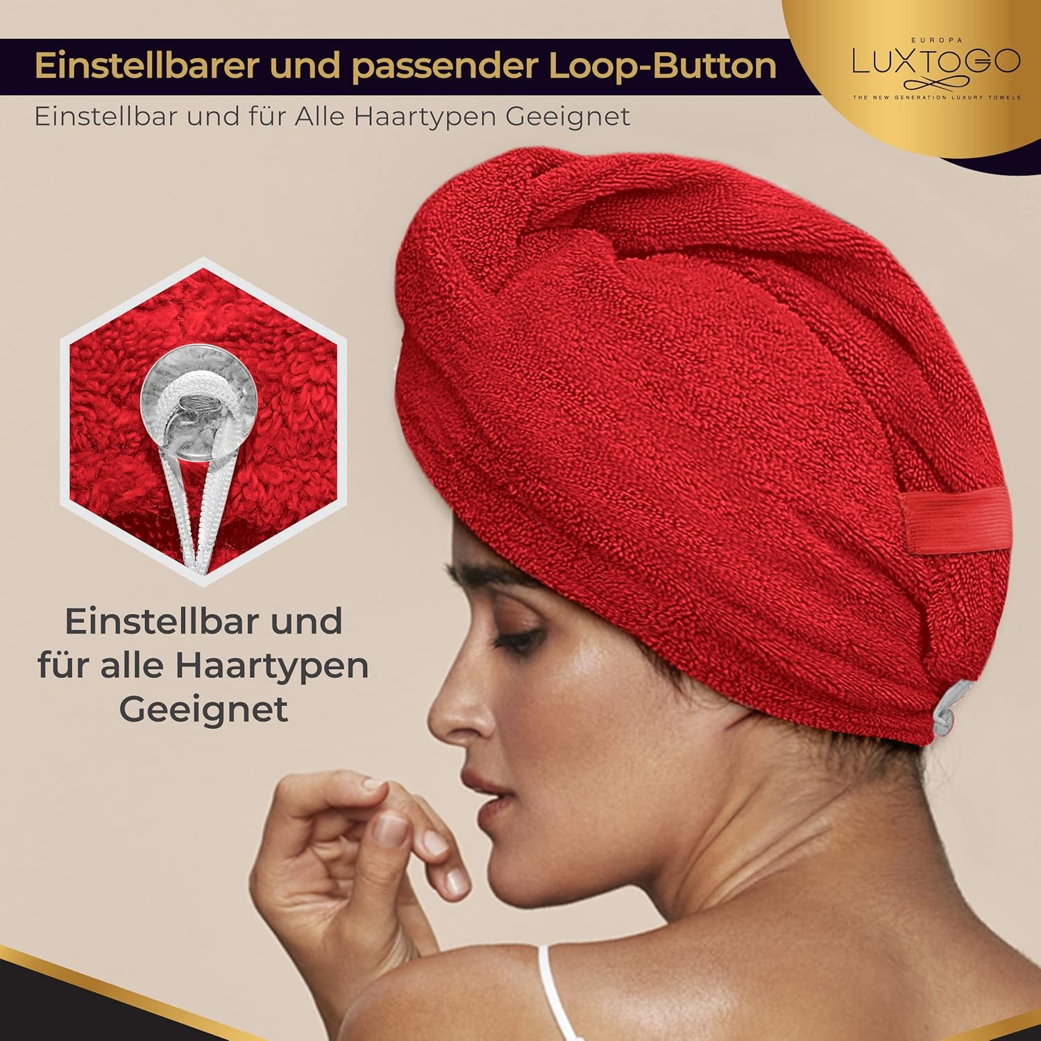 LUXTOGO&reg; Premium Hair Towel (430 G/M&sup2;) - 100% Cotton Turban with Button and Elastic, Super Absorbent (2 Pieces White + Red) - 1 X White. image number 5
