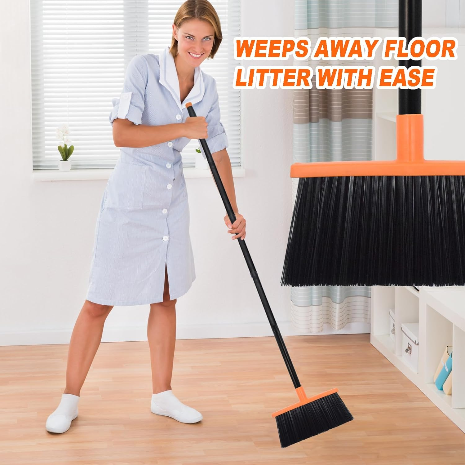 Xifando Heavy-Duty Adjustable Angle Broom with 56" Steel Handle - Ideal for Home, Garage, Kitchen, Bathroom, Office, and Outdoor Use - Durable & Efficient Cleaning Tool for Hard Floors (Orange)