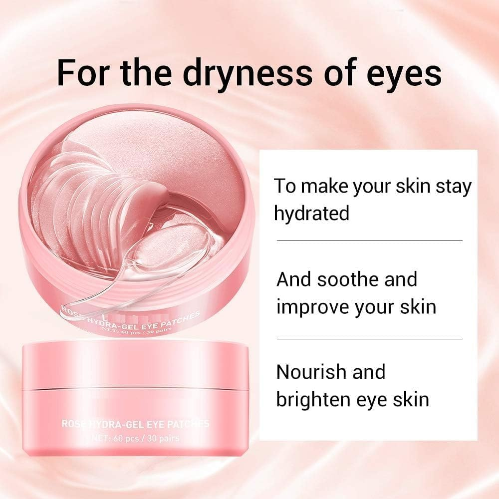 Rose Hydra-Gel under Eye Patches (60 Pcs/30 Pairs) - Collagen & Hyaluronic Acid Eye Masks to Reduce Wrinkles, Fine Lines, Dark Circles & Puffiness, Firming Gel Pads for Men & Women