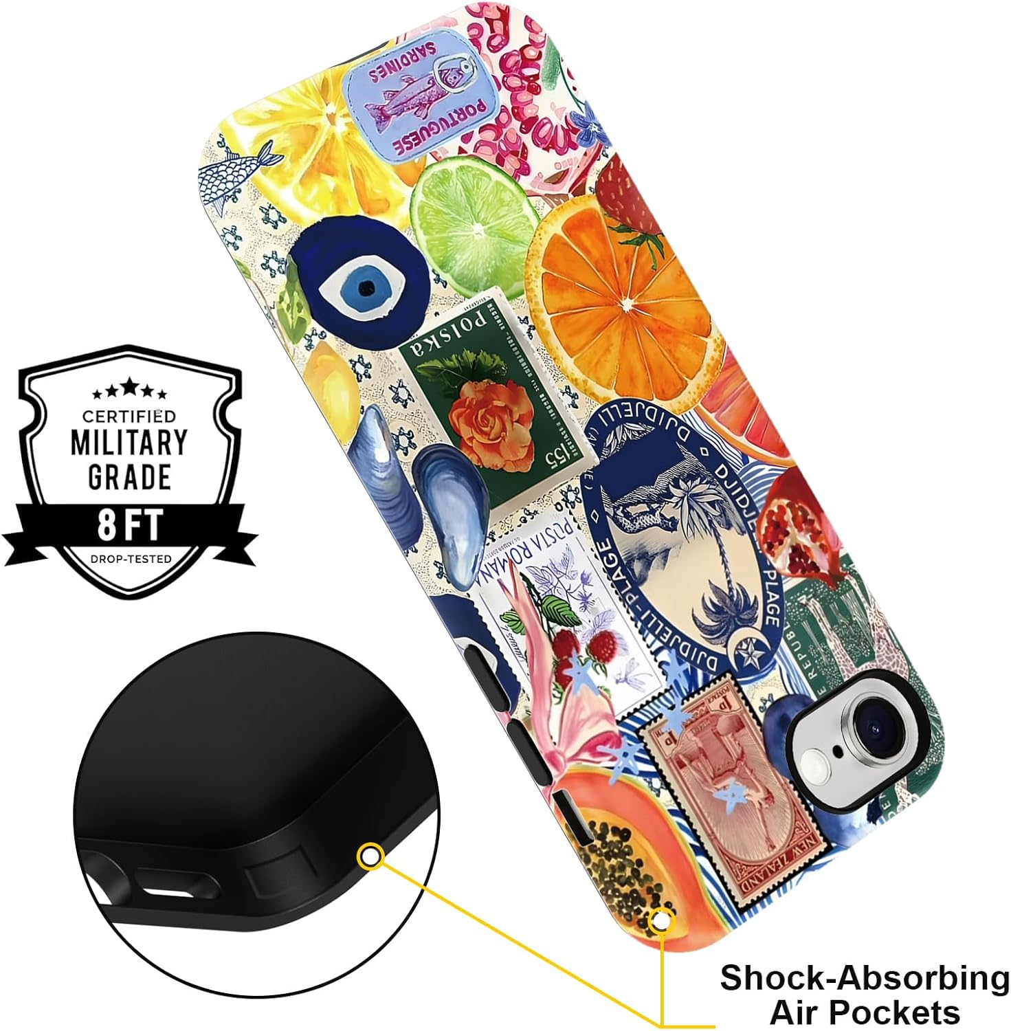 Yirlbey Mobile Phone Case for Iphone 16E Case 6.1 Inches, Aesthetic Summer Collage Fruit Pattern Design for Girls Protective Case Dual Layer Shockproof Soft Colourful Silicone TPU Bumper Case, Retro