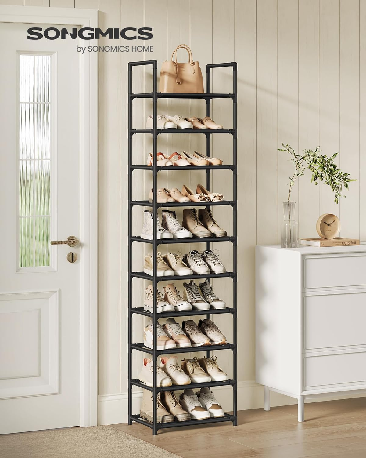 SONGMICS Shoe Rack, 10 Tier Shoe Shelf, Shoe Storage Organizer, Space-Saving, 11 X 17.7 X 68.1 Inches, Metal Frame, Non-Woven Fabric Shelves, for Entryway, Bedroom, Black ULSH010B02 image number 7