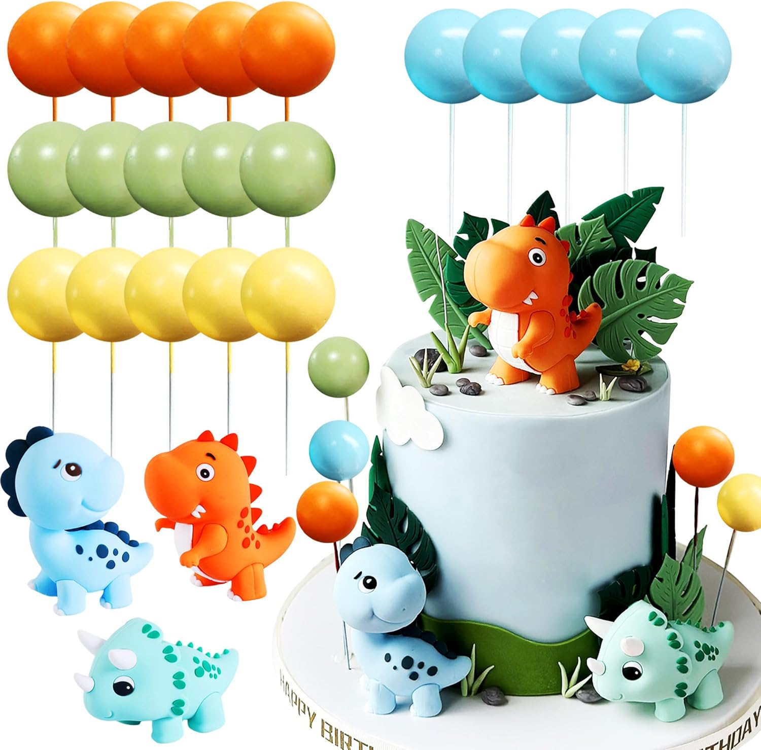 Jevenis Luxury Little Dinosaur Cake Decorations Dinosaur Cupcake Topper Green Rex Three Dino Cake Toppers for Birthday Baby Shower Party Supplies