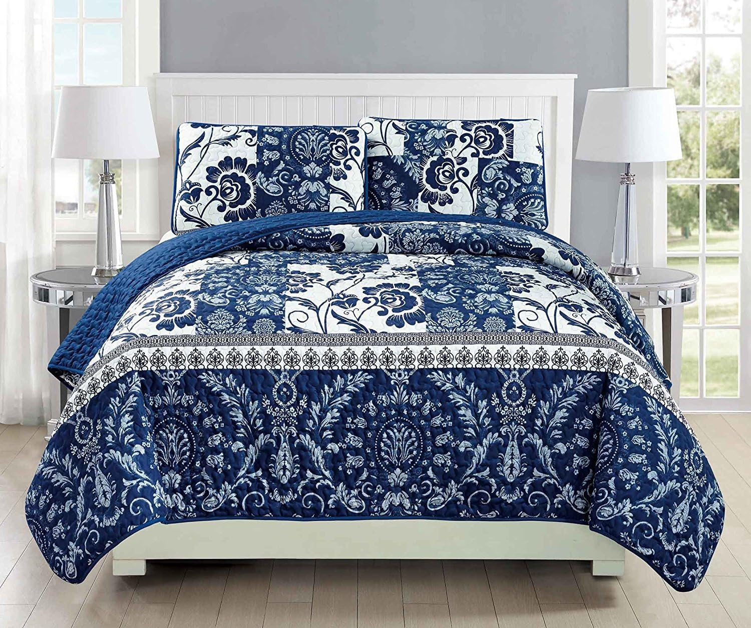 Fancy Collection 2Pc Twin/Twin Extra Long Oversize Quilted Bedspread Coverlet Set Floral Navy Blue White New