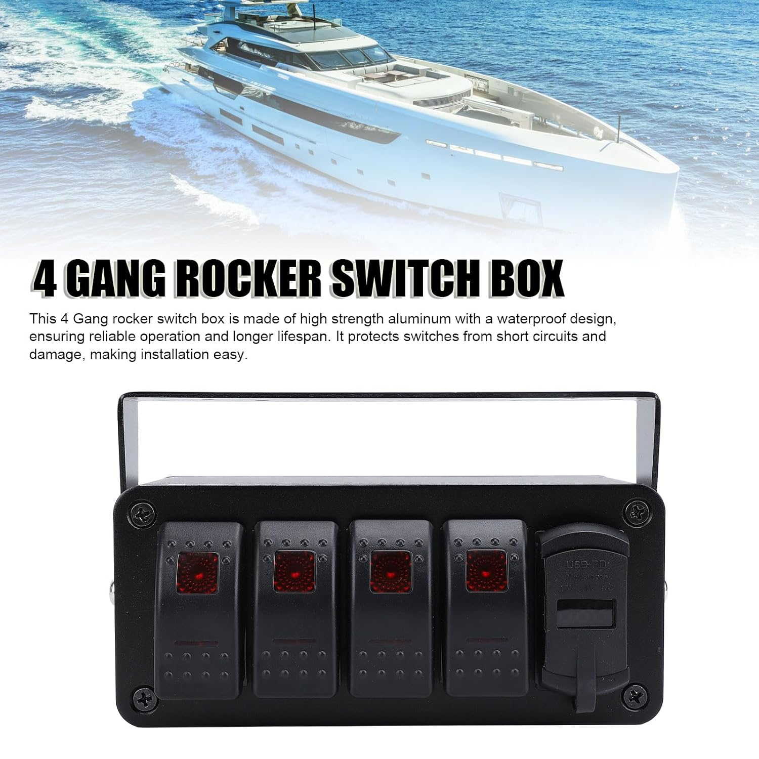 Rocker Switch Box, 12V 24V 4 Gang Rocker Toggle Switch Panel Box, 20 Amp, SPST On/Off PD Type C and QC 3.0 USB Voltmeter for Auto Automotive Lights Boats Rvs Trucks (Red Light) image number 4