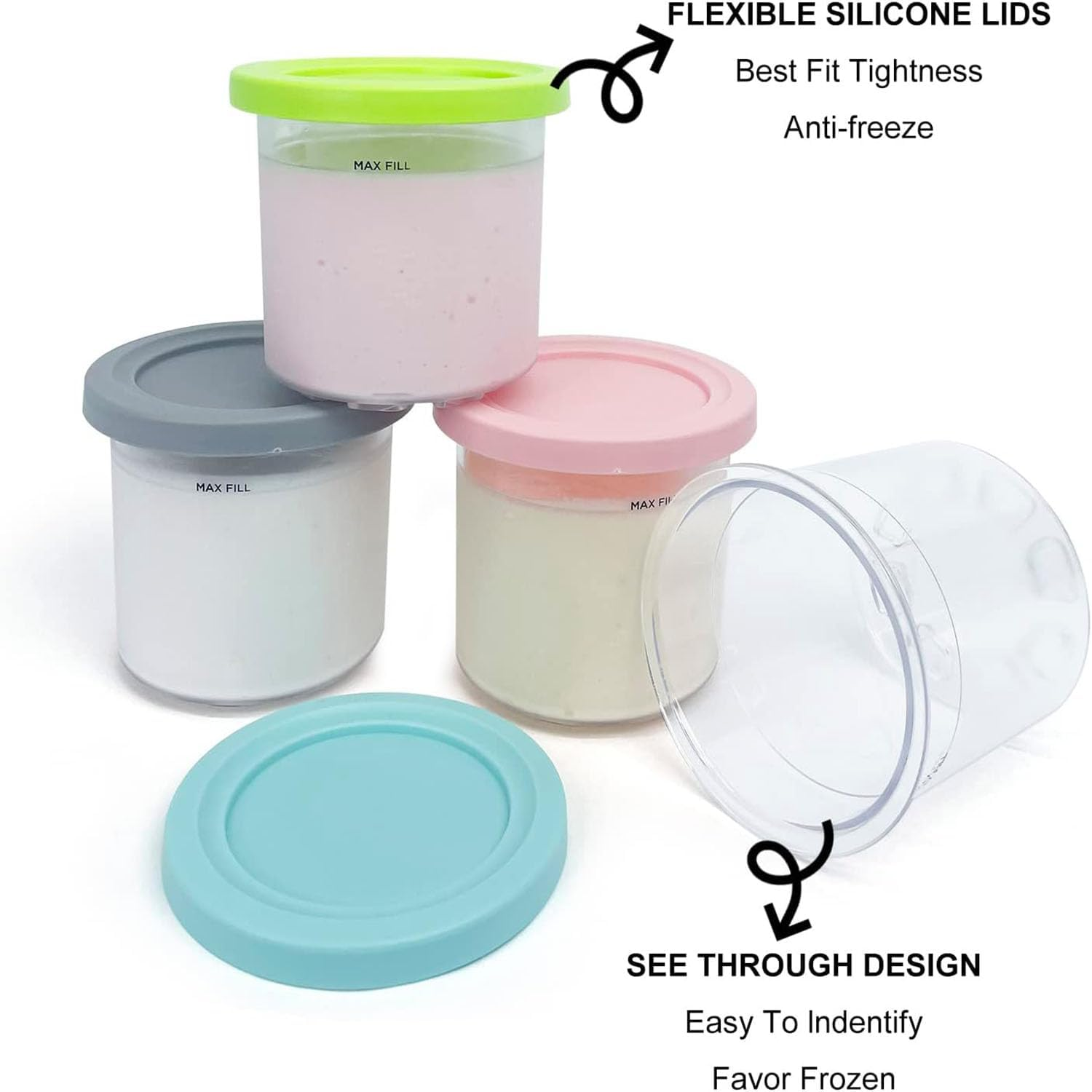 Taicols Containers Replacement for Ninja Creami Pints and Lids, 4 Pcs Ice Cream Tubs for Ninja Creami, Stackable Ice Cream Pints Container Compatible with Nc299Amz/Nc300S Series Ice Cream Maker image number 2