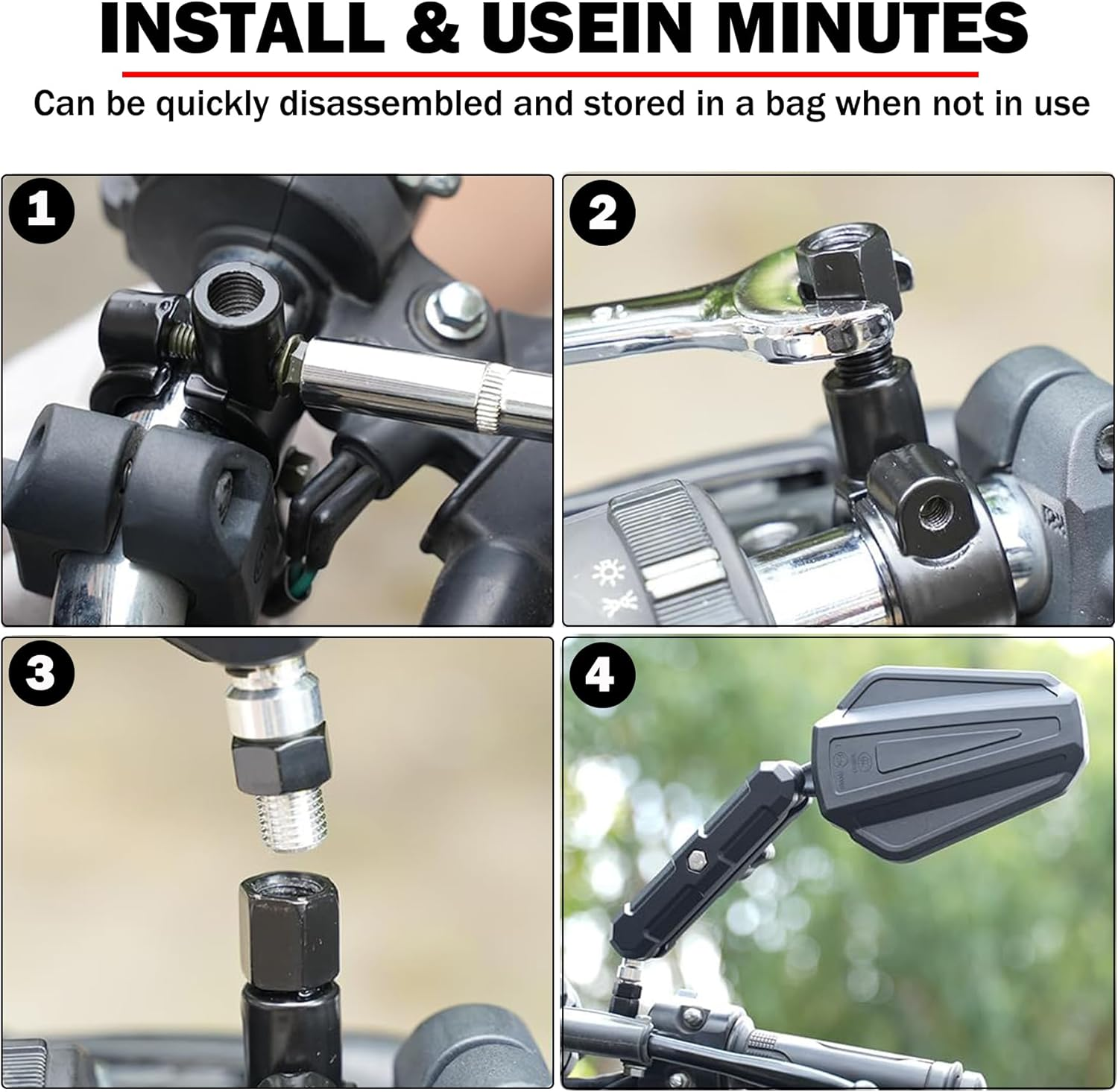 Motorcycle Mirrors 7/8" Universal Motorcycle Rearview Mirrors E-Mark Motorbike Mirror Handlebars 360&deg; Adjustable with M8/M10 Screws for Dirt Bike Street Bike ATV Scooter Cruiser image number 2