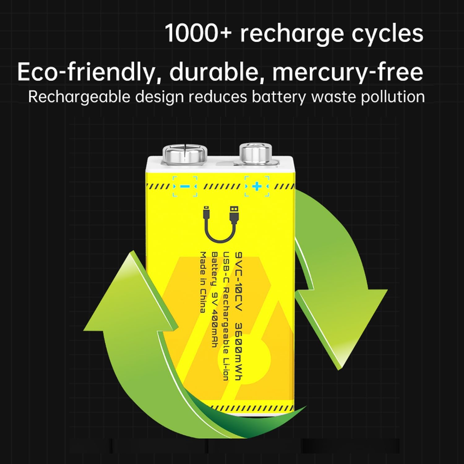 2PCS 9V Rechargeable Lithium Batteries 9V 3600Mwh High-Capacity 2000+ Cycles Ultra-Long Lasting Time Durable Cycle 2-Pack Set with Type-C Cable (Black 2-Pack Set) image number 5