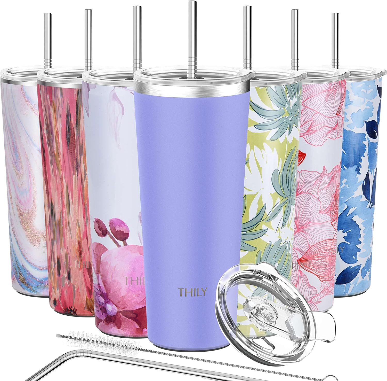 Stainless Steel Vacuum Insulated Tumbler - THILY Travel Mug 26 Oz Coffee Cup with 2 Lids and Straws, Splash Proof, Keep Ice Drinks Cold, Pink Lilies image number 6